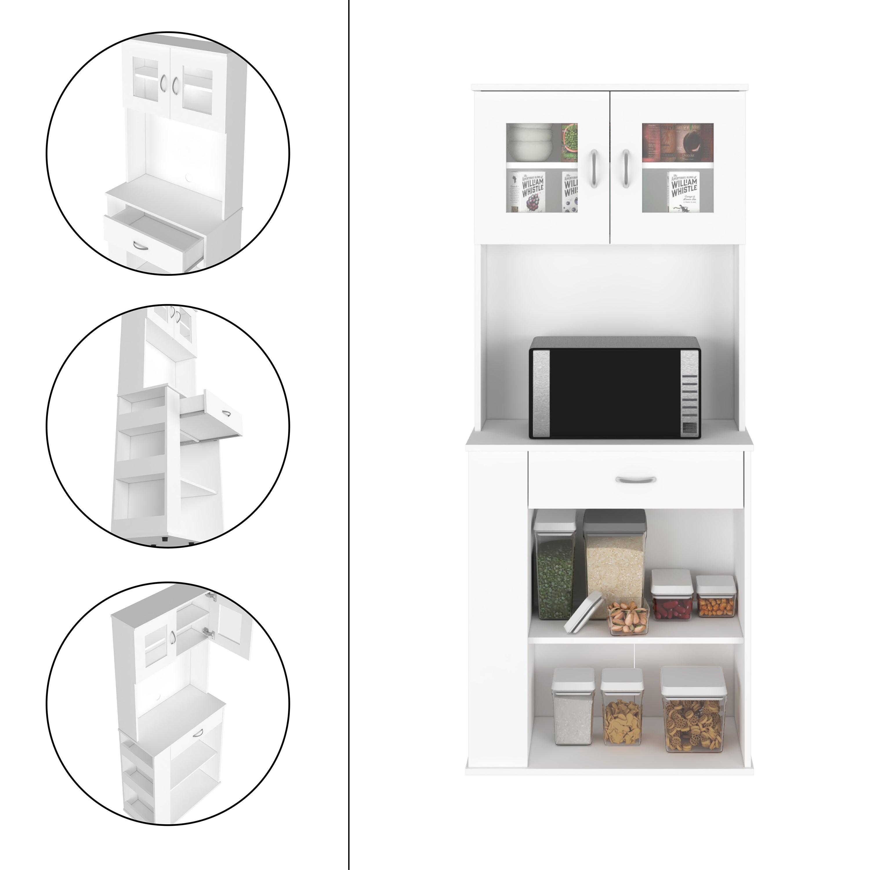 Pantry Double Door Cabinet Folbert, Three Side Shelves, White Finish