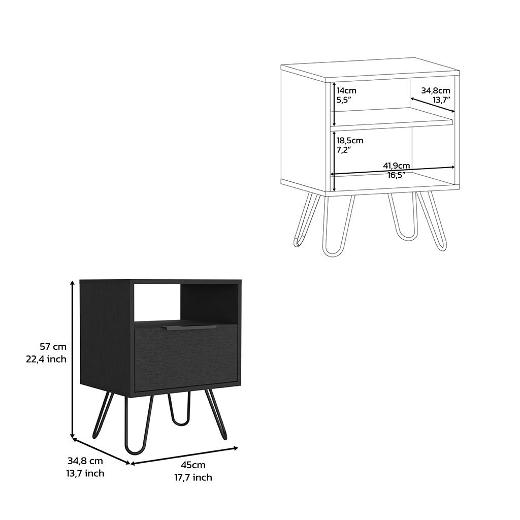 Nightstand Skyoner, Single Drawer, Hairpin Legs, Black Wengue Finish