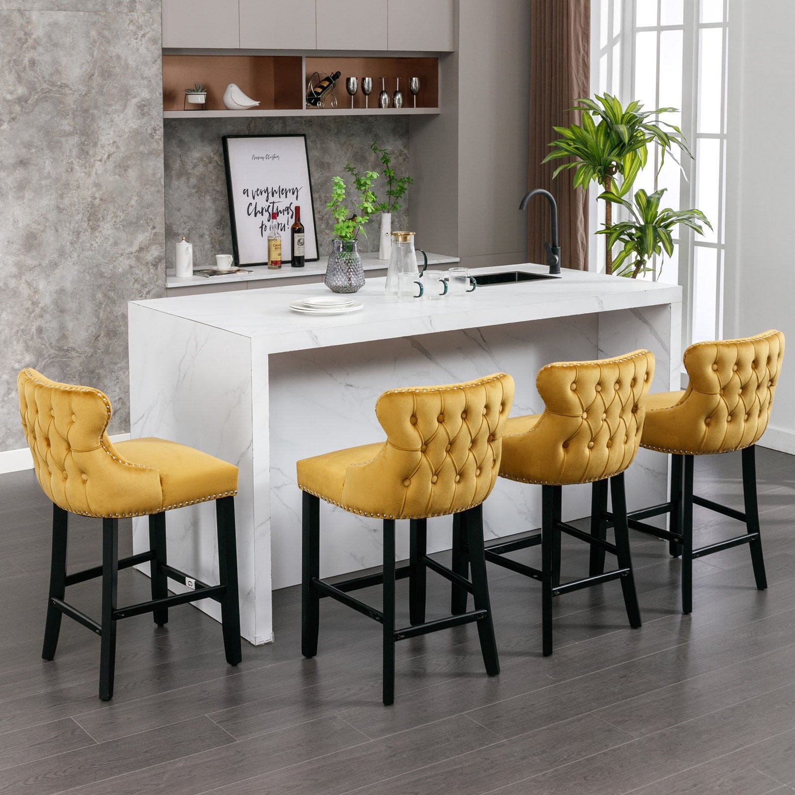 A&A Furniture,Contemporary Velvet Upholstered Wing-Back Barstools with Button Tufted Decoration and Wooden Legs, and Chrome Nailhead Trim, Leisure Style Bar Chairs,Bar stools,Set of 2 (Gold),SW1824GL