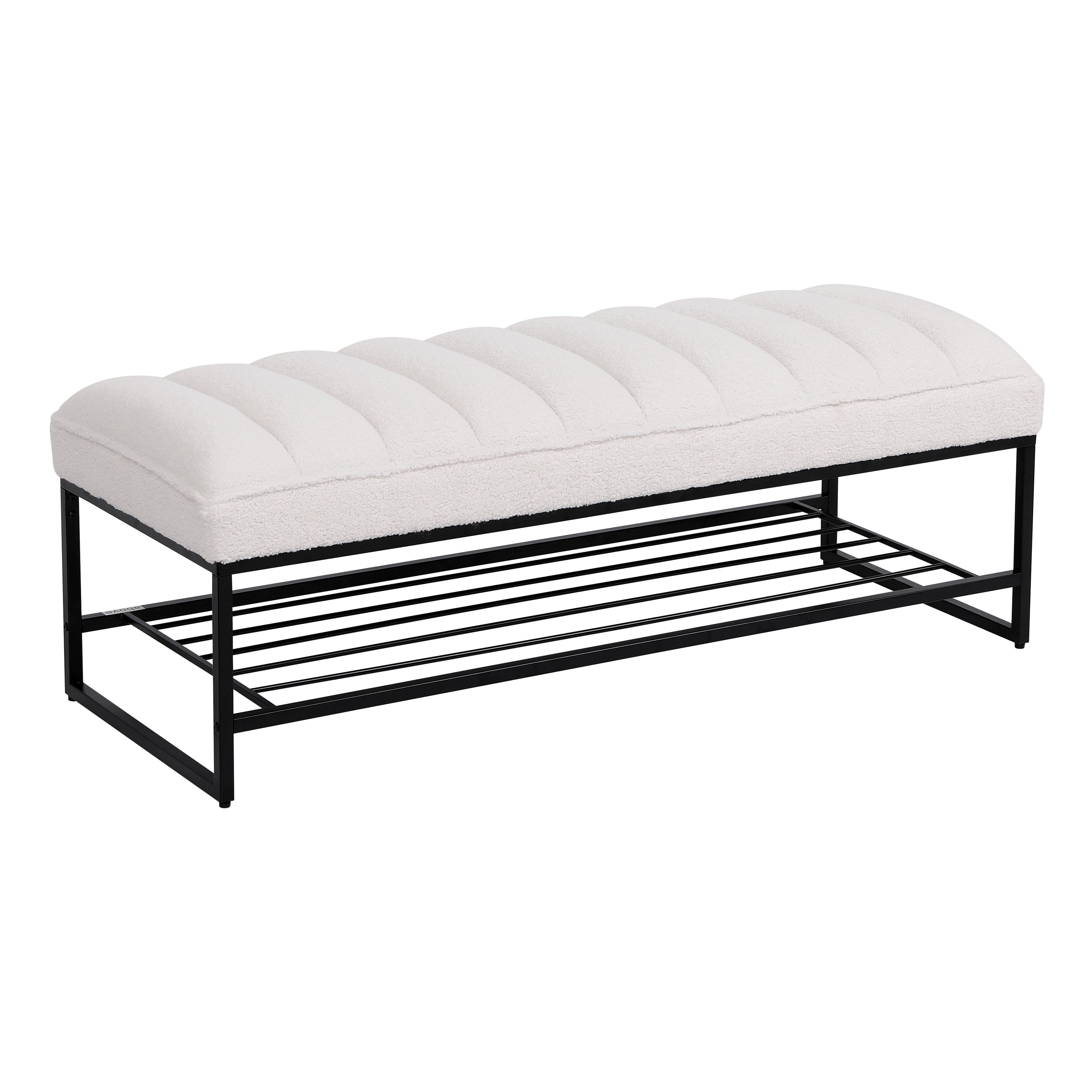 Channel Tufted Bench with Metal Shelf White Sherpa Upholstered Benches End of Bed Ottoman for Bedroom, Living Room, Entryway (White)