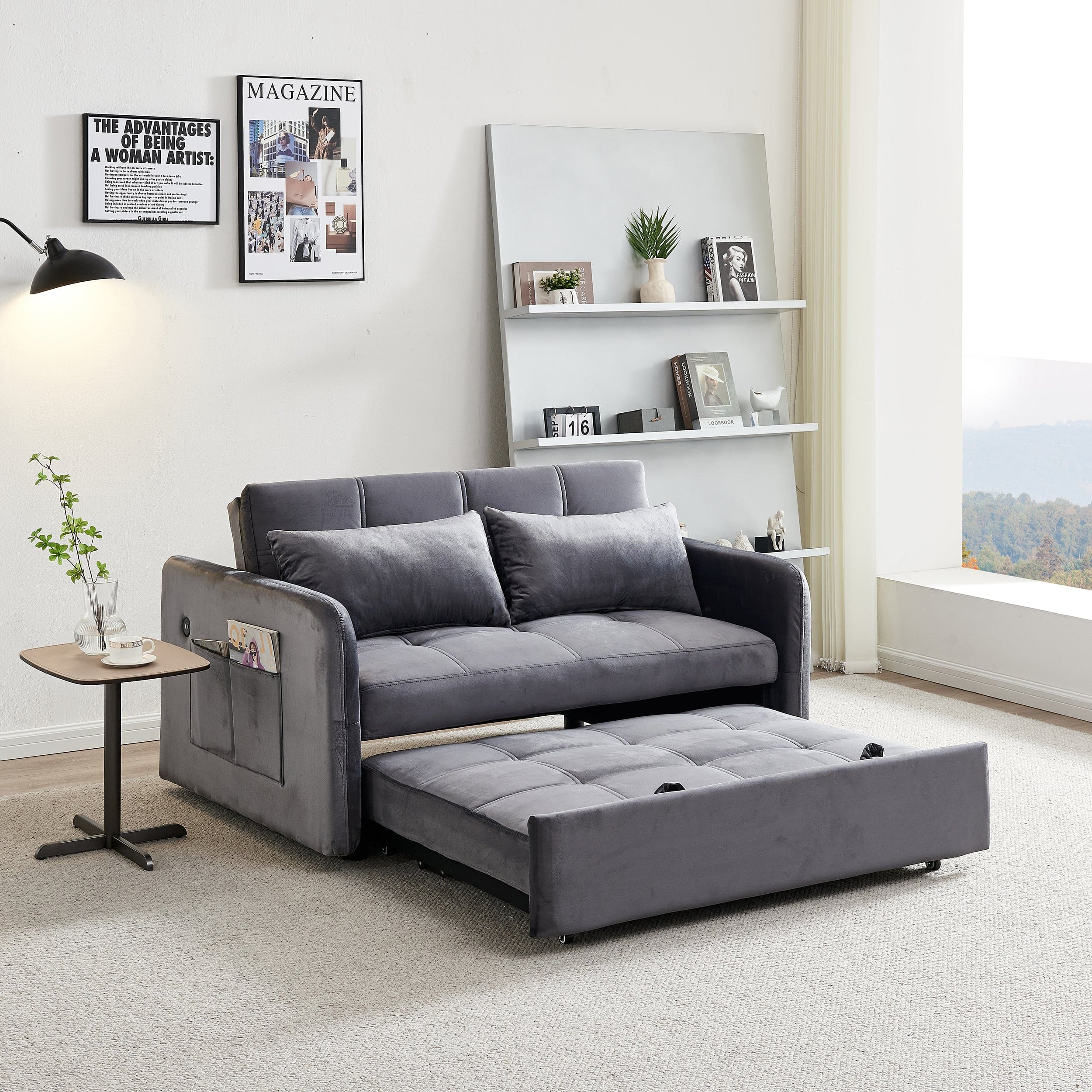 55.5" Twins Pull Out Sofa Bed  Grey Velvet