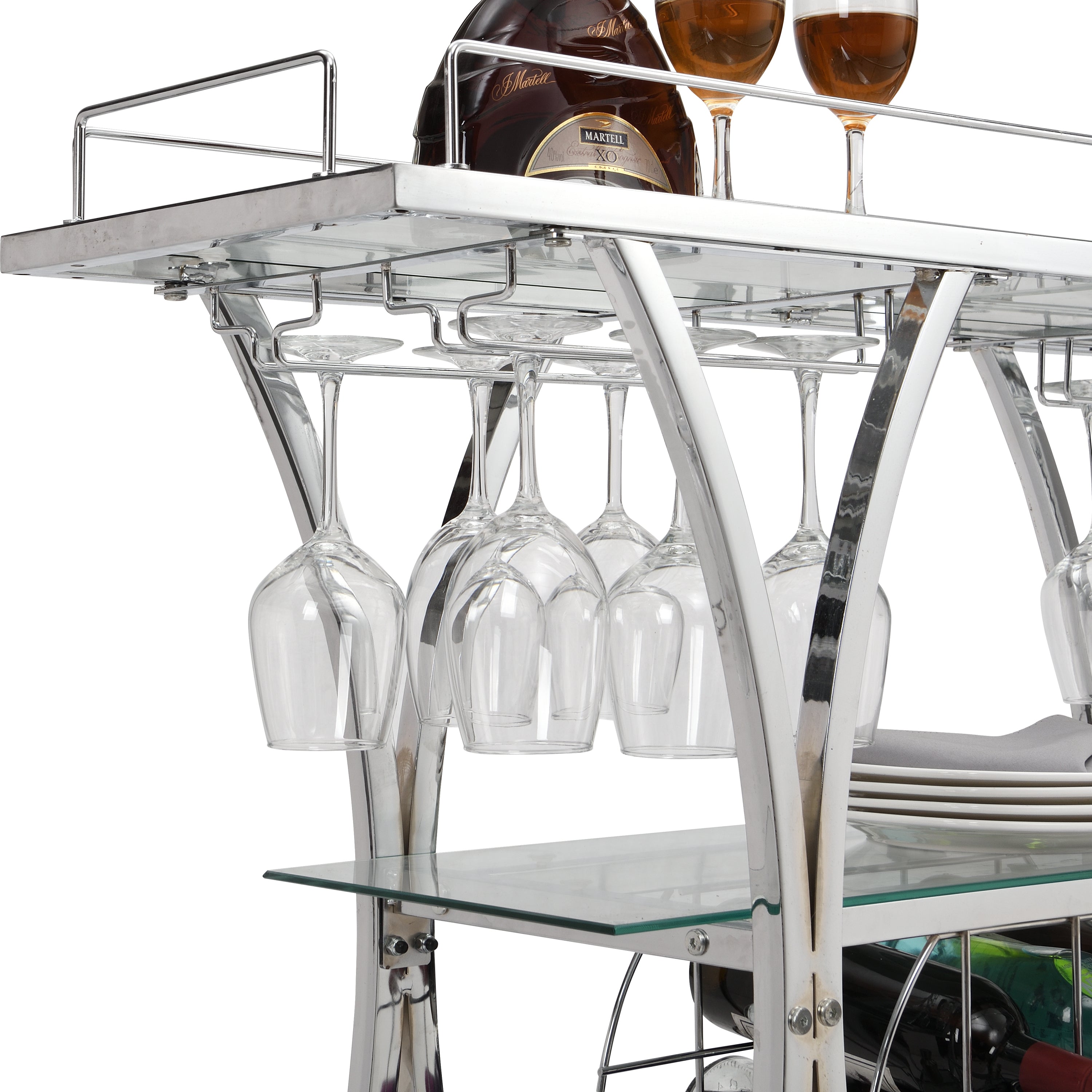 Contemporary Chrome Bar Cart with Wine Rack Silver Modern Glass Metal Frame Wine Storage