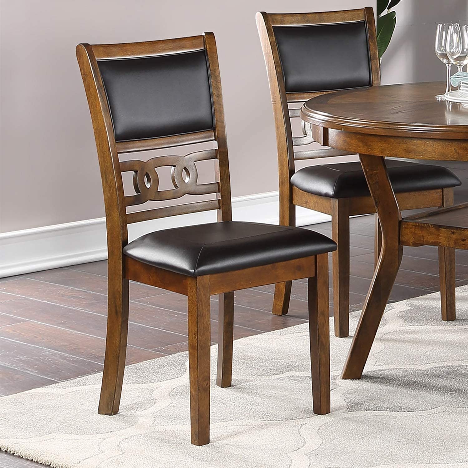 Contemporary Dining 5pc Set Round Table w 4x Side Chairs Walnut Finish Rubberwood Unique Design