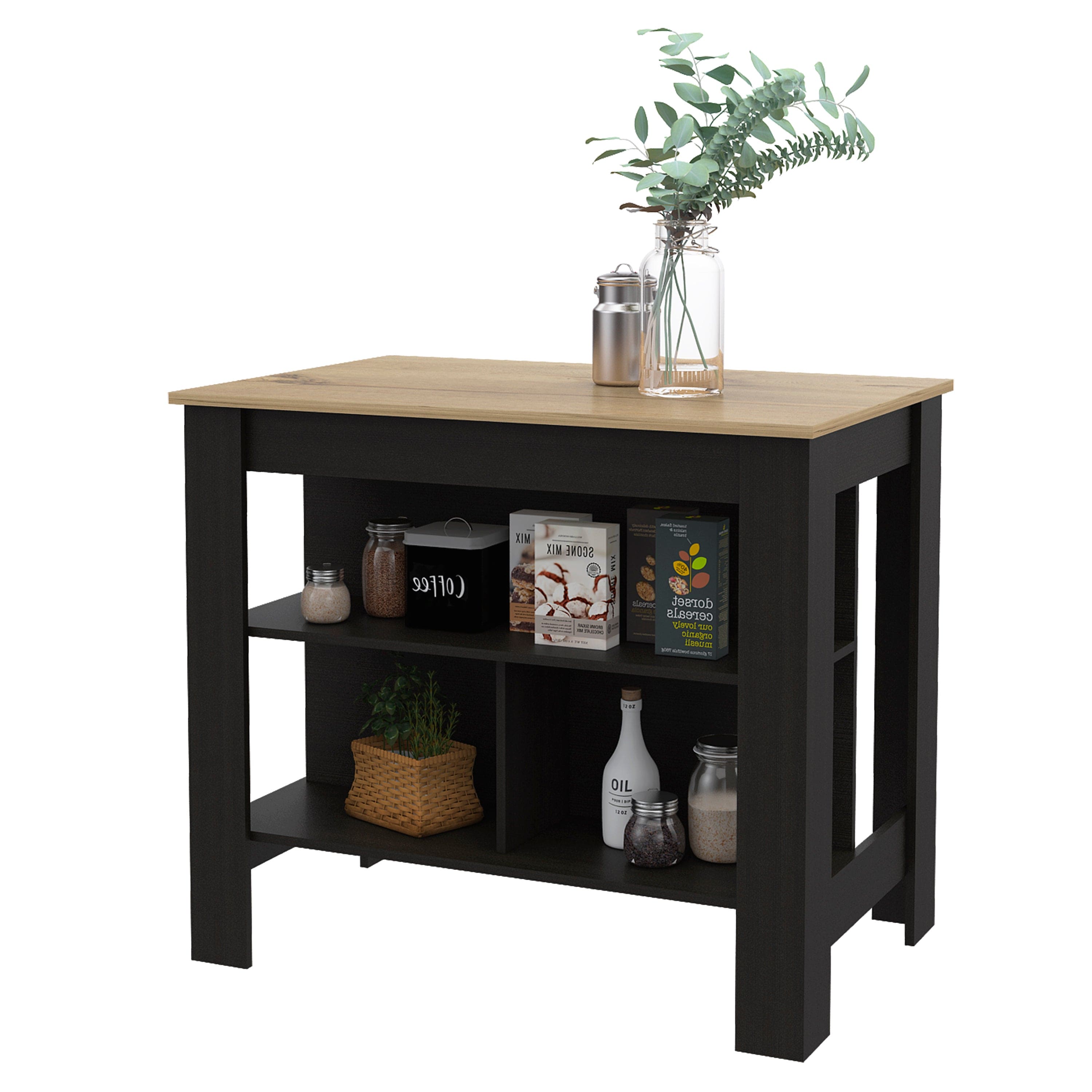 Rockaway 3-Shelf Kitchen Island Black Wengue and Light Oak