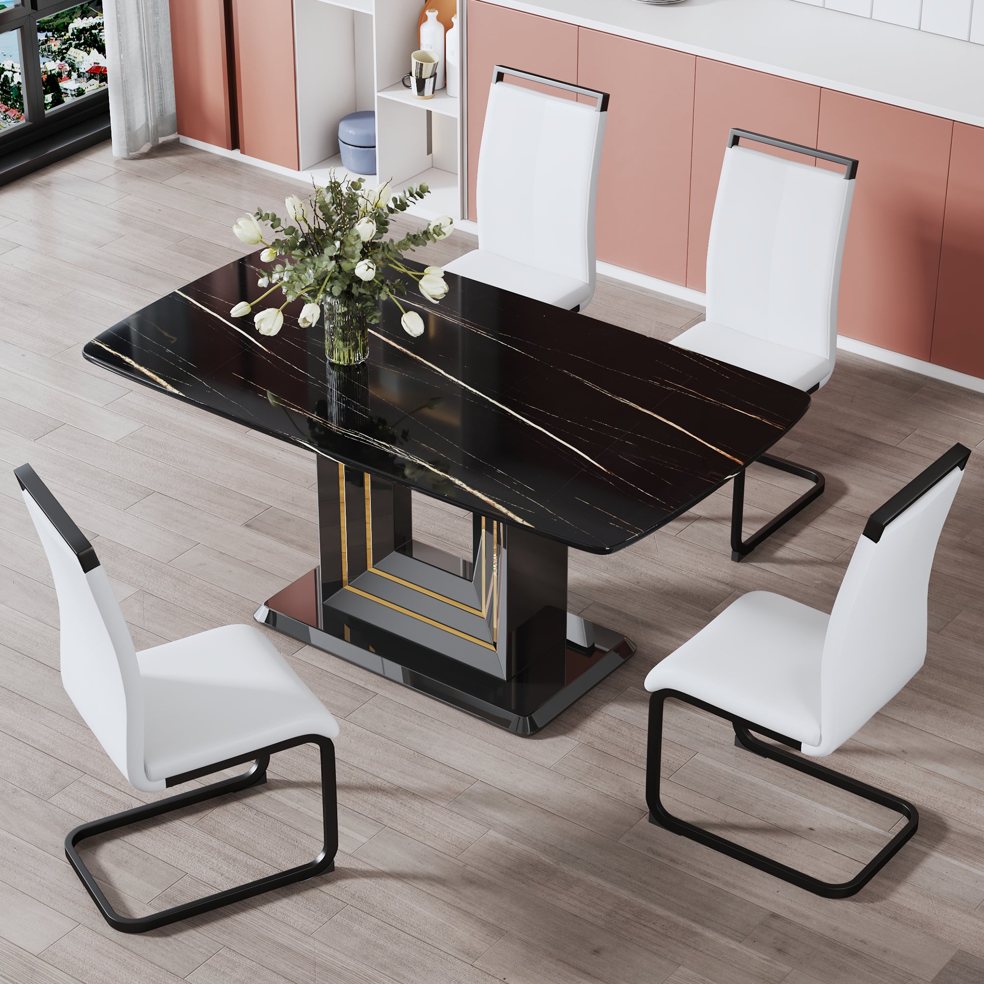 A table and four chairs. The table features a black imitation marble pattern tabletop and black gold MDF legs. The chair has a white PU backrest cushion and black metal legs. F-SQ  C-1162