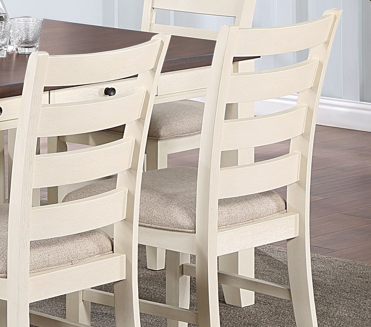 White Classic 2pcs Dining Chairs Set Rubberwood Beige Fabric Cushion Seats Ladder Backs Dining Room Furniture Side Chair