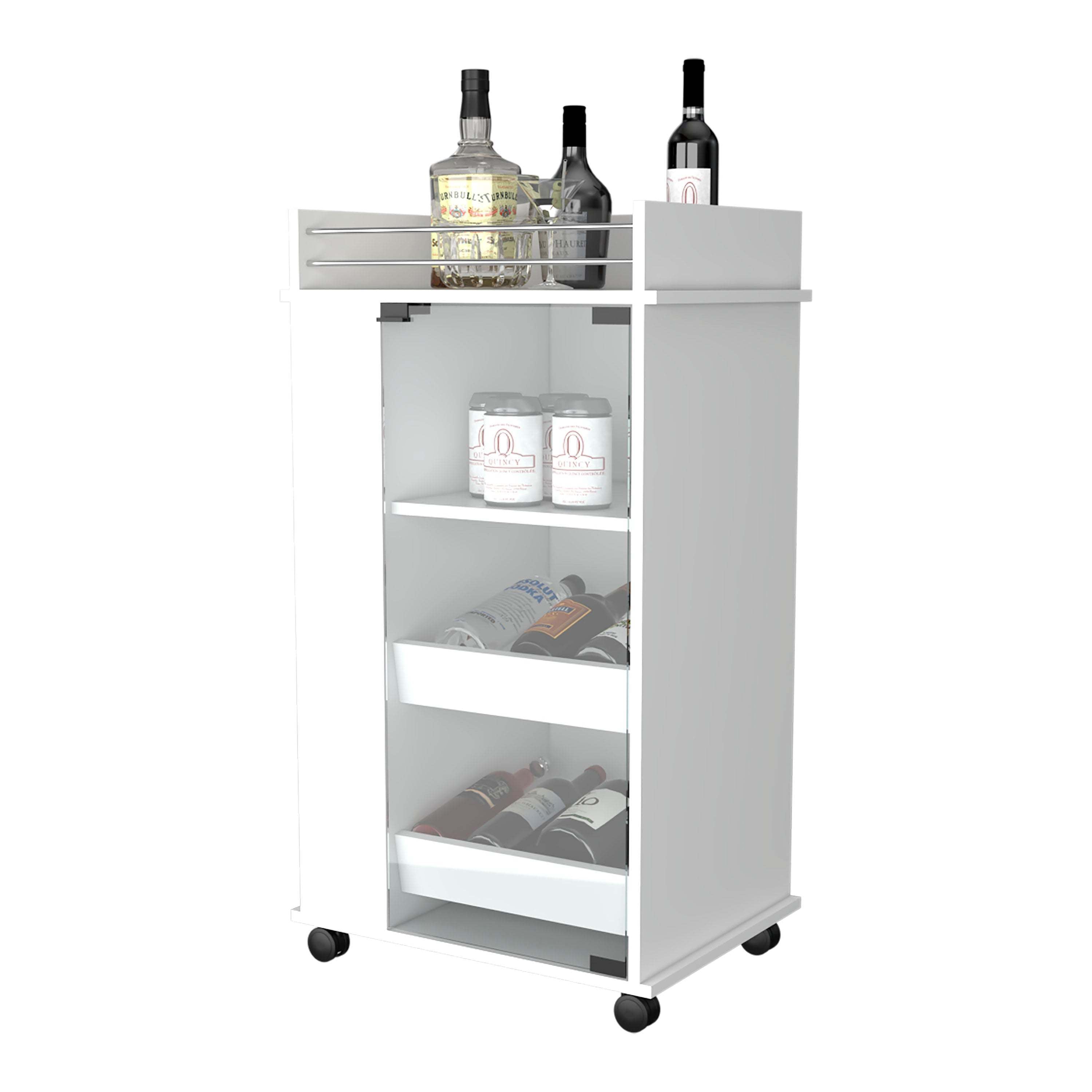 Willow Park Glass Door Bar Cart with Bottle Holder and Casters White