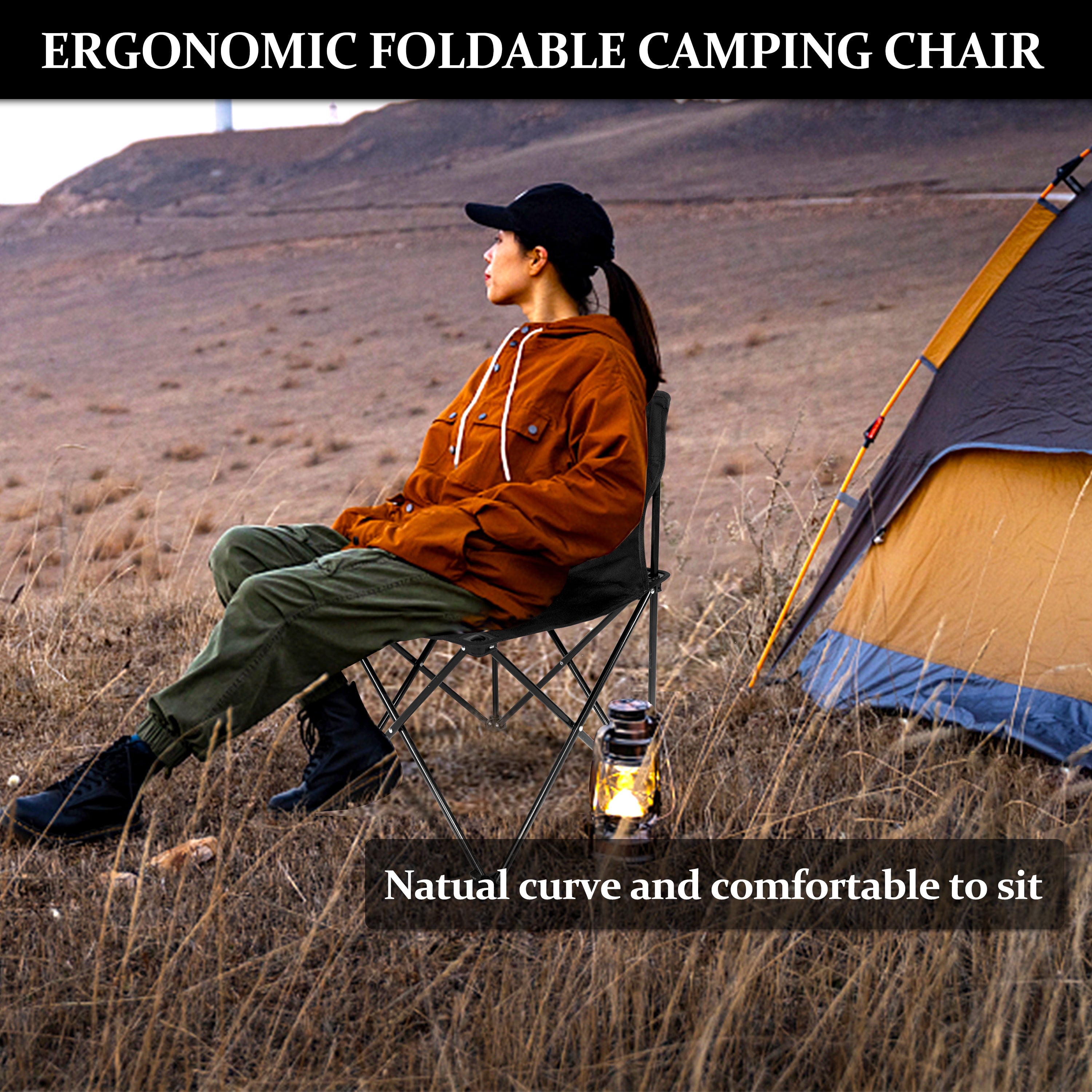 YSSOA Portable Folding Camping Chair with Carry Bag for Adults, Collapsible Anti-Slip Padded Oxford Cloth Stool for Beach, Hiking, Fishing, Gardening, Picnic Color: Black, Size: Large