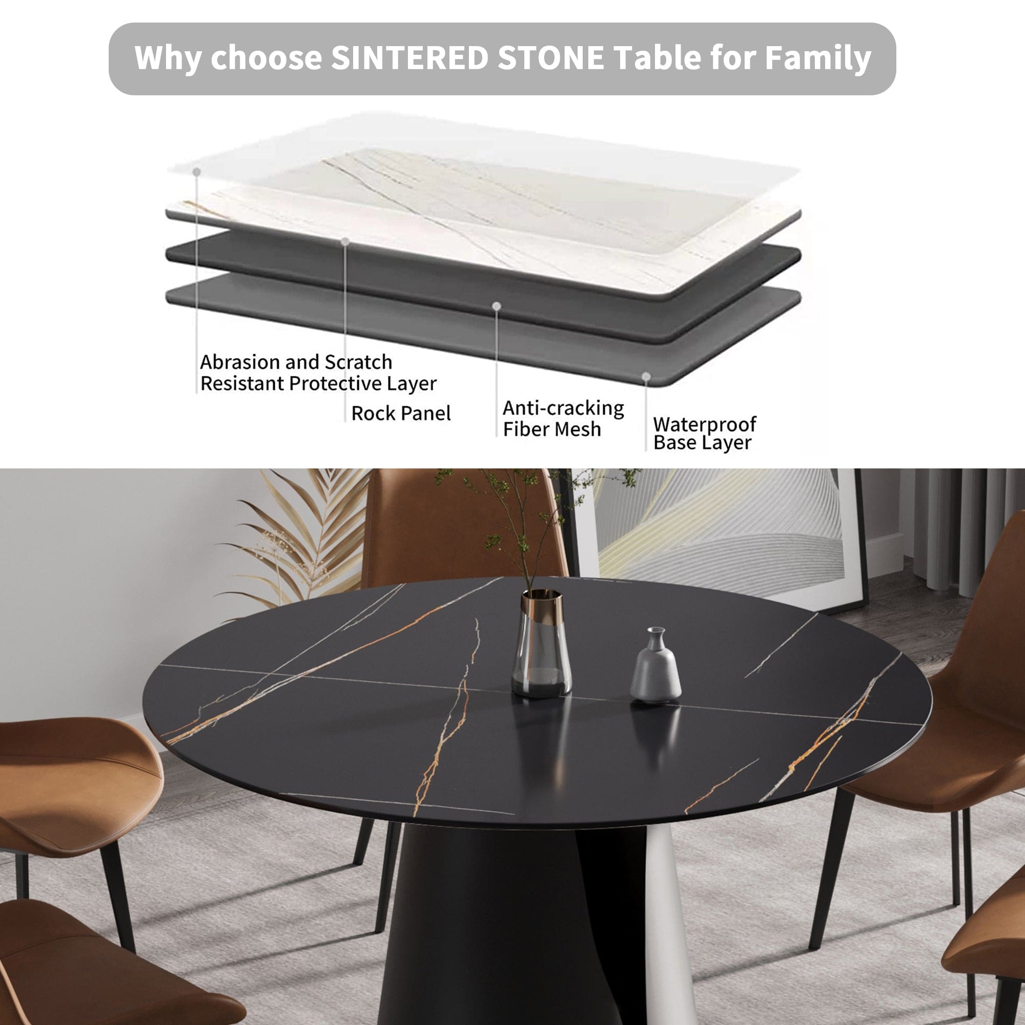 53.15"Modern artificial stone round black carbon steel base dining table-can accommodate 6 people