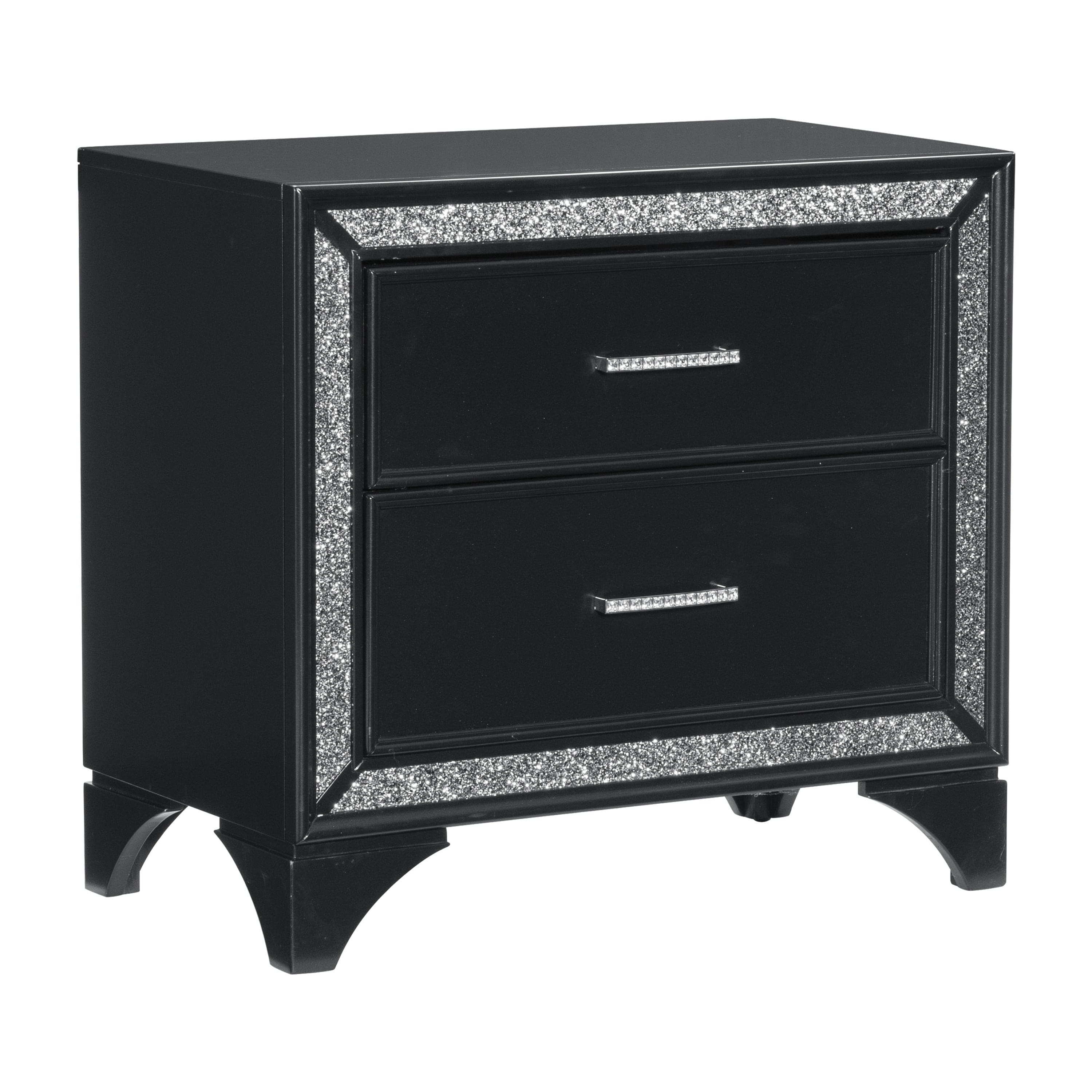 Glamourous Peal Black Metallic Finish 1pc Nightstand of 2x Drawers Faux Crystal Handles Modern Bedroom Wooden Furniture