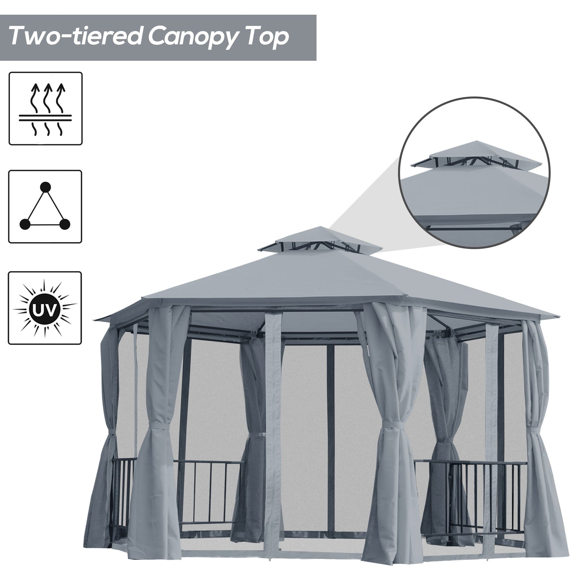 13' x 13' Patio Gazebo, Double Roof Hexagon Outdoor Gazebo Canopy Shelterwith Netting & Curtains, Solid Steel Frame for Garden, Lawn, Backyard and Deck, Grey