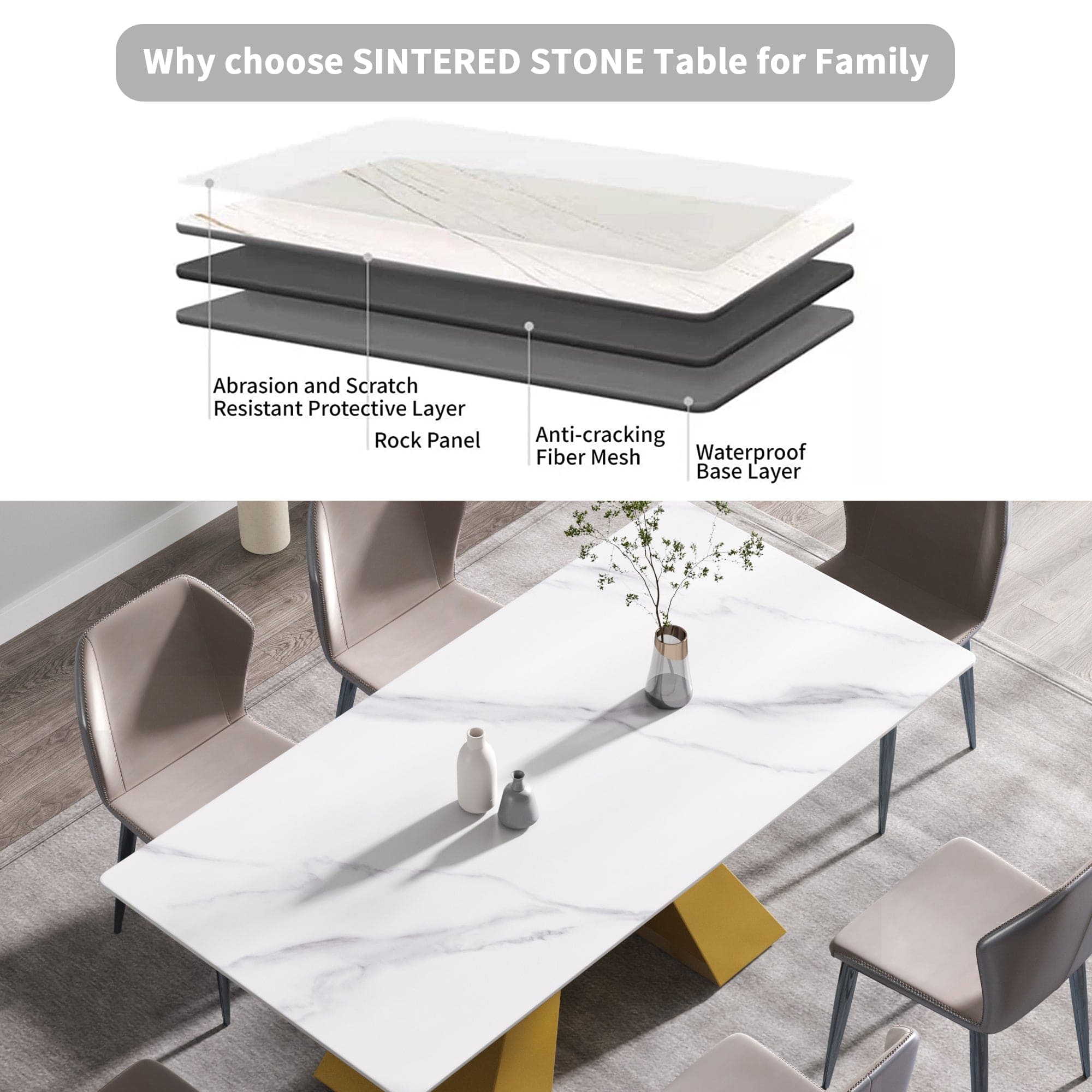 70.87" modern artificial stone white straight edge golden metal leg dining table-can accommodate 6-8 people