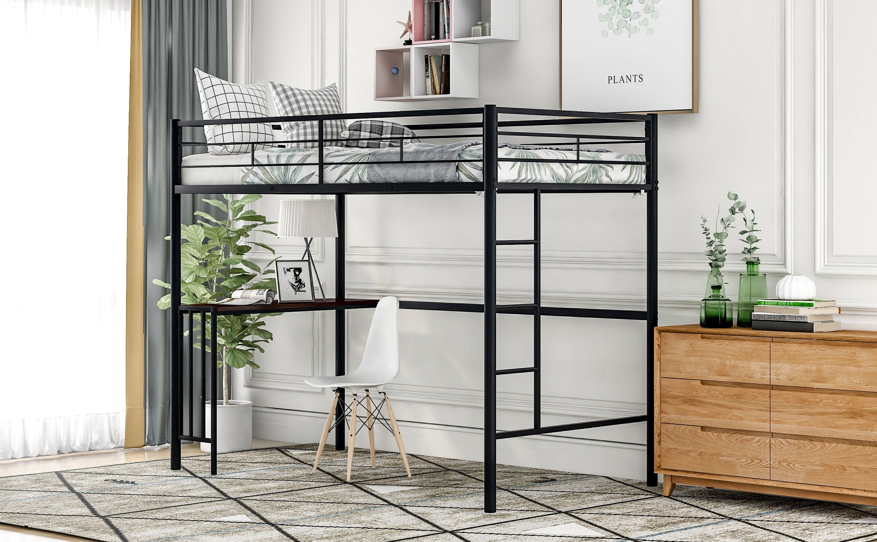 Twin Metal Bunk Bed with Desk, Ladder and Guardrails, Loft Bed for Bedroom, Black(OLD SKU : MF195191AAB)