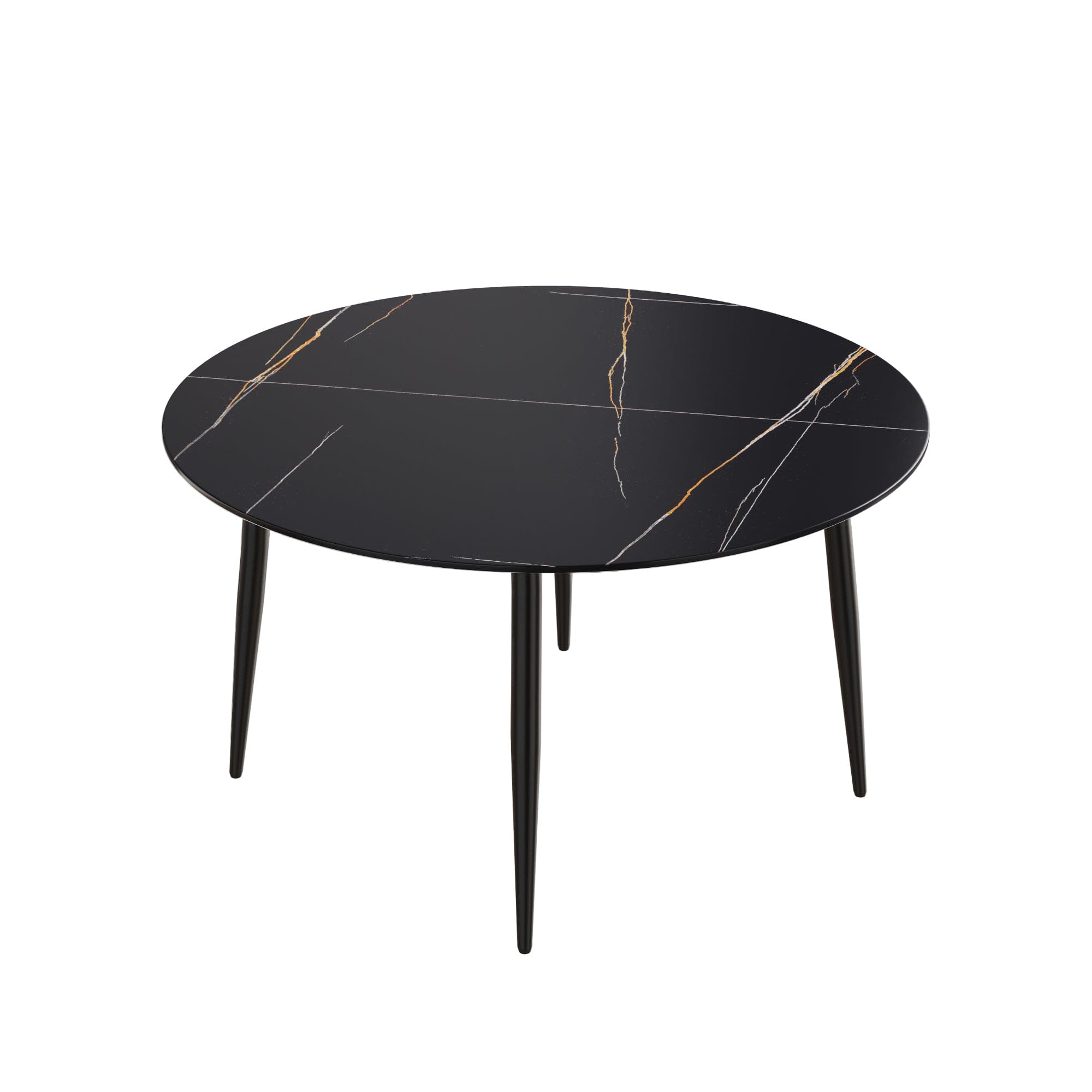 53.15 " modern artificial stone black round dining table with black metal legs-can accommodate 6 people.