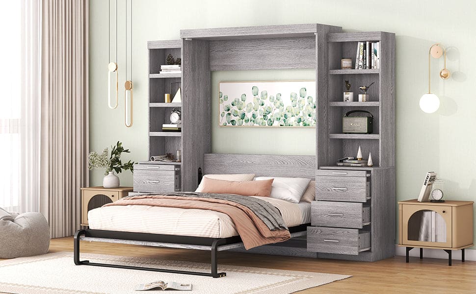 Full Size Murphy Bed with Storage Shelves and Drawers, Gray