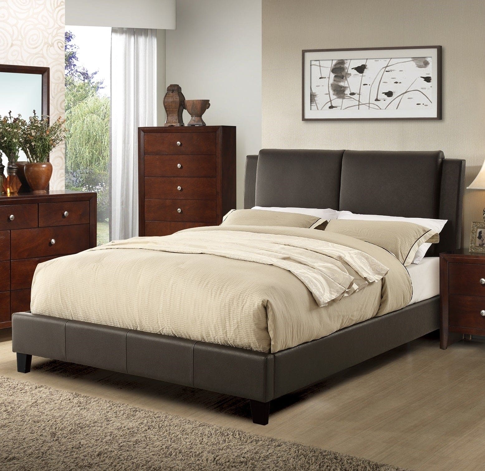 California King Size Bed 1pc  Bed Set Brown Faux Leather Upholstered Two-Panel Bed Frame Headboard Bedroom Furniture