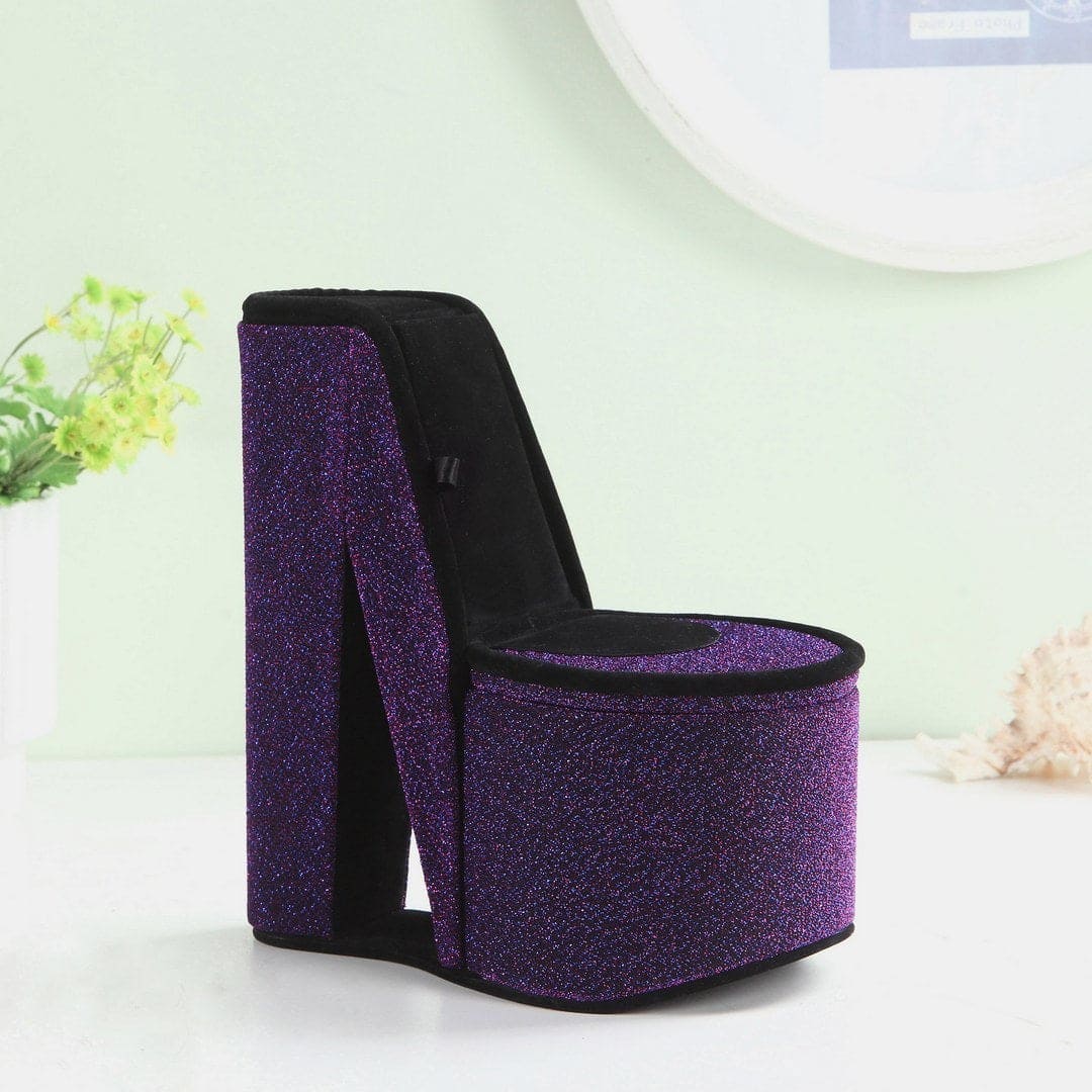 9" Tall Display Jewelry Box with Hidden Storage, High Heel Shoe Design, Purple Velvet