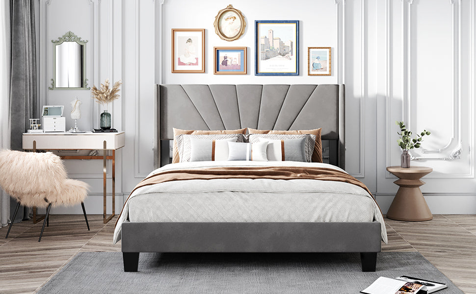 Queen Size Velvet Upholstered Platform Bed, Box Spring Needed - Gray