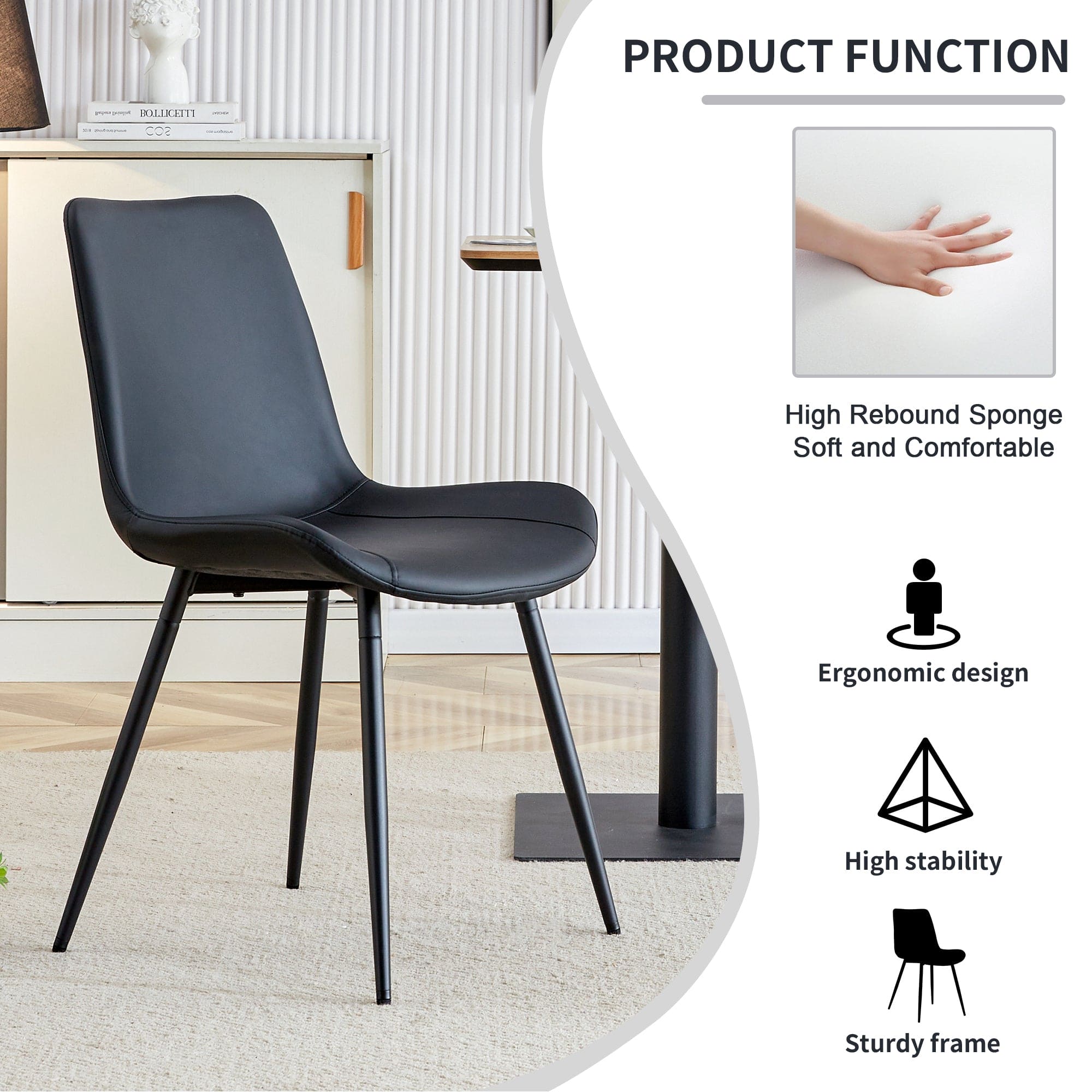 Black artificial leather backrest cushion dining chair, black metal legs, curved widened cushion design for more comfort, suitable for restaurants, kitchens, bedrooms, offices.(6 chairs)  0502