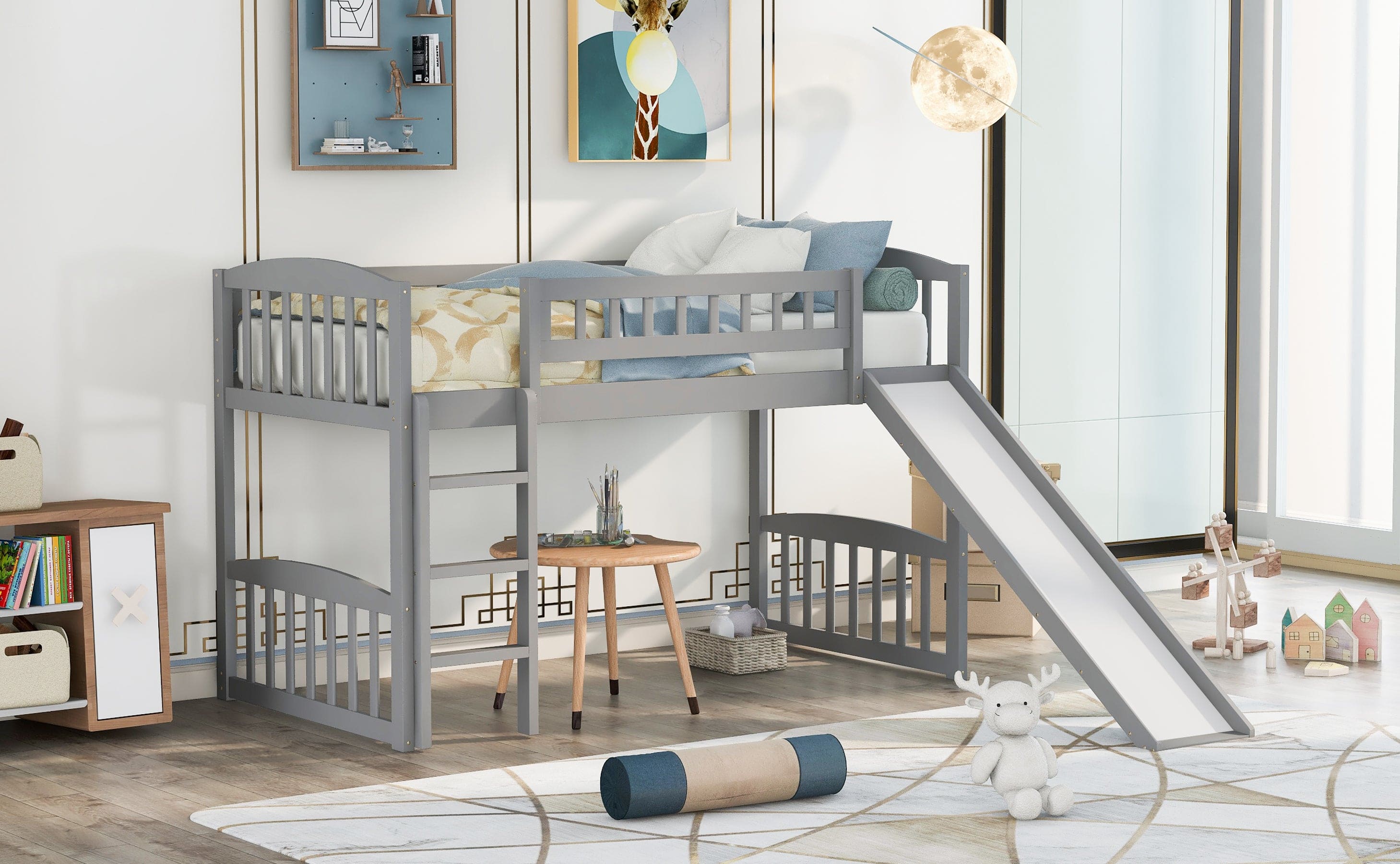 Twin size Loft Bed with Slide and Ladder, Gray(OLD SKU:LP000504AAE)