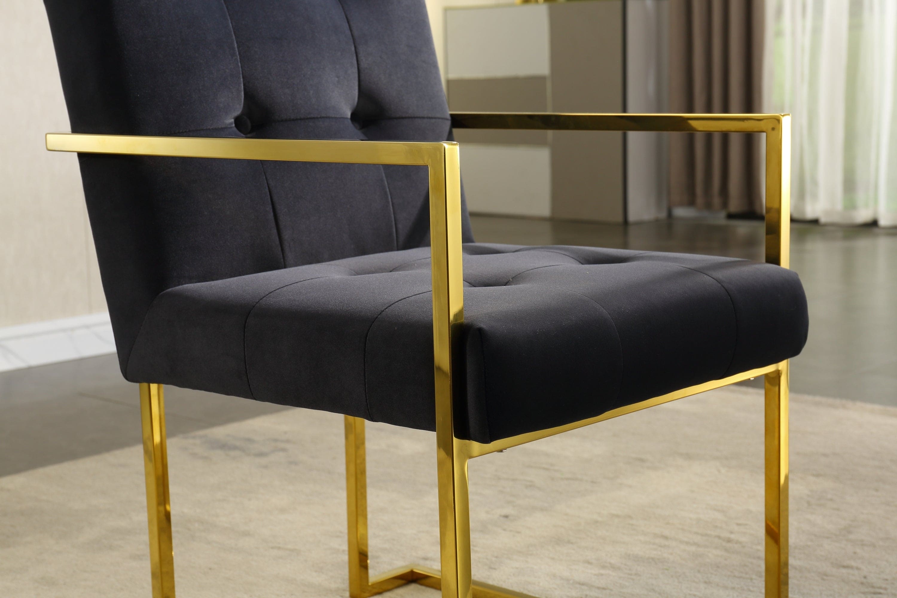 Modern Velvet Dining Arm Chair Set of 1, Tufted Design and Gold Finish Stainless Base