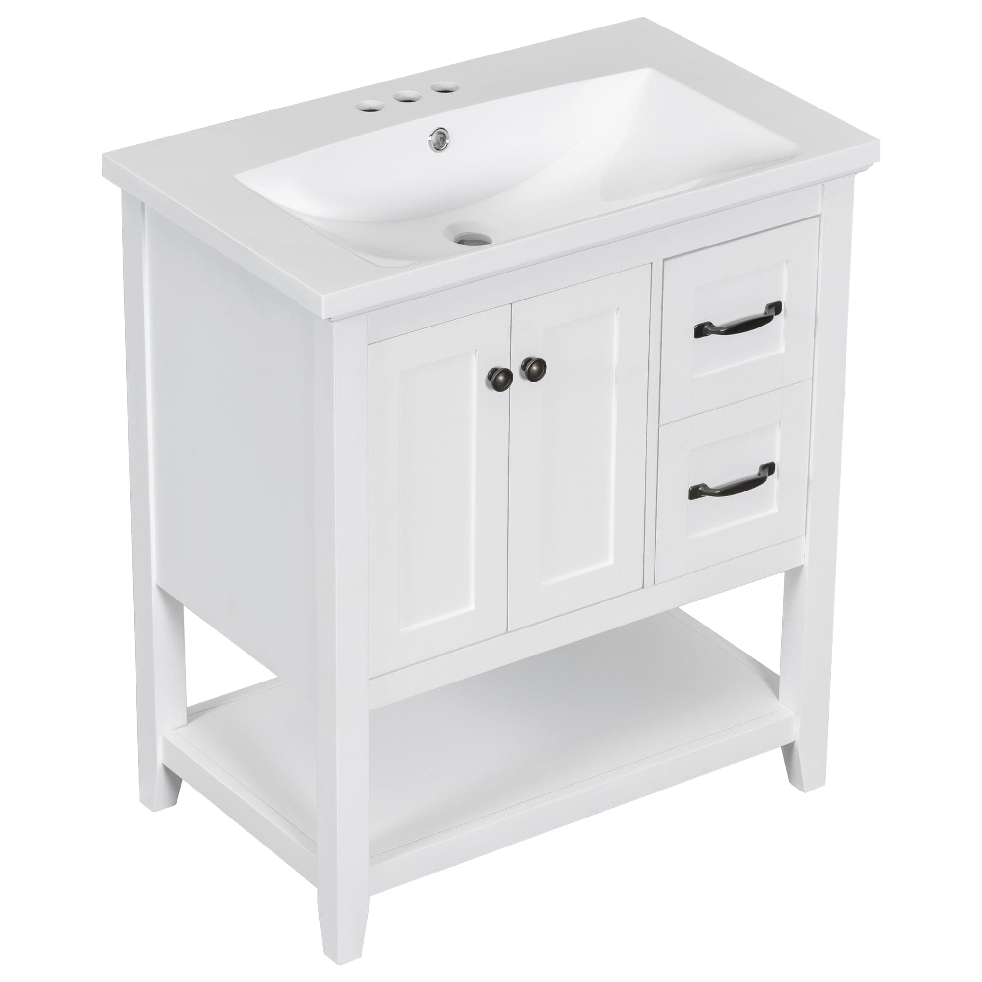 30" Bathroom Vanity with Ceramic Sink Top, Vanity Cabinet with Multi-Functional Drawer, Solid Wood Legs, White