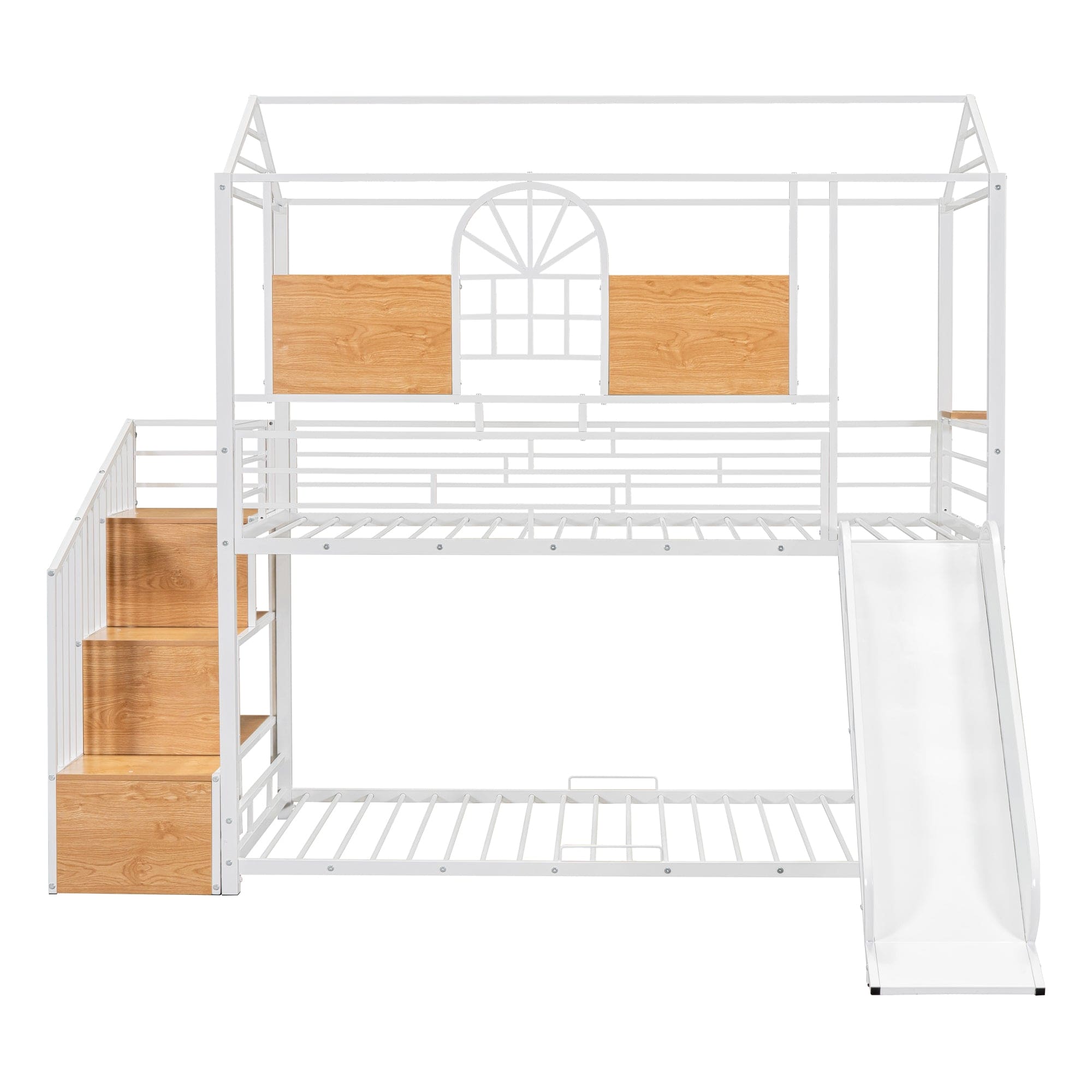 Twin Over Twin Metal Bunk Bed, Metal Housebed with Slide and Storage Stair, White with White Slide