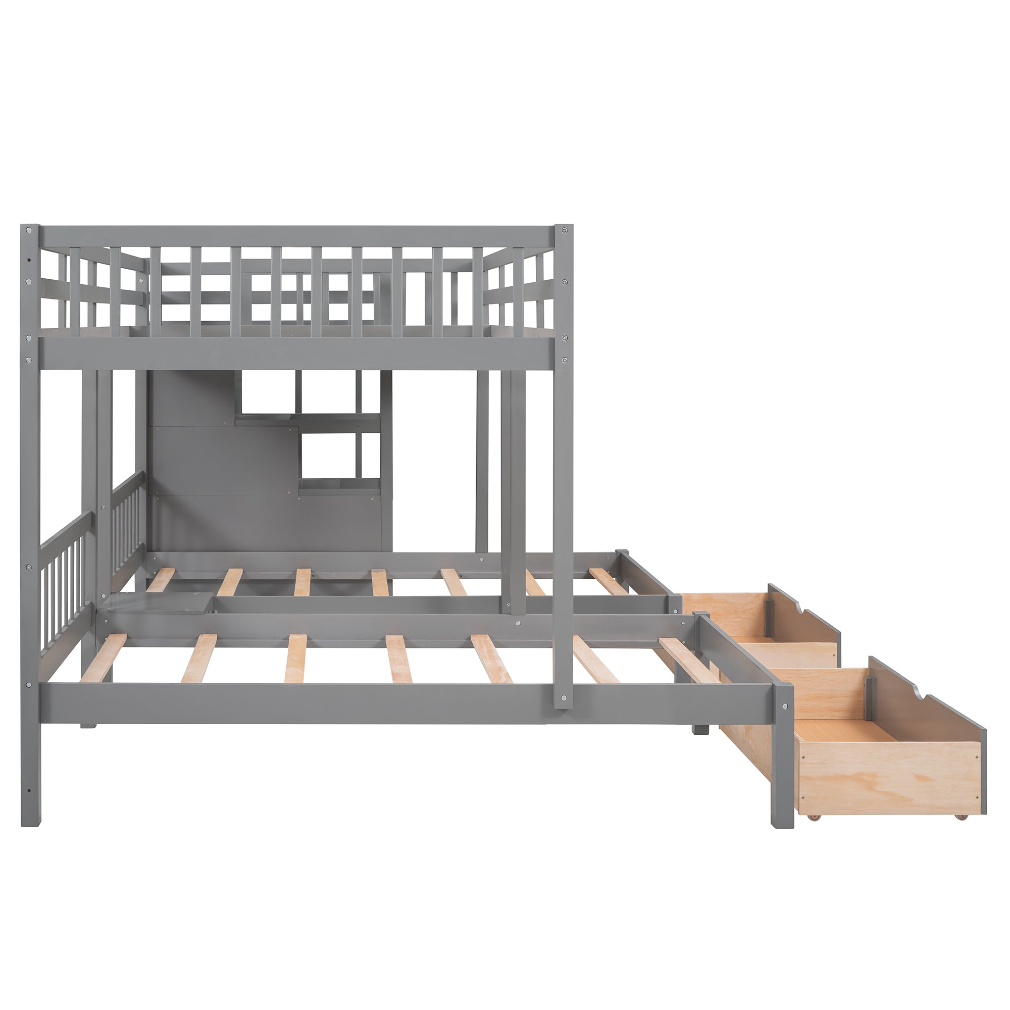 Full Over Twin & Twin Bunk Bed, Wood Triple Bunk Bed with Drawers and Guardrails (Gray)