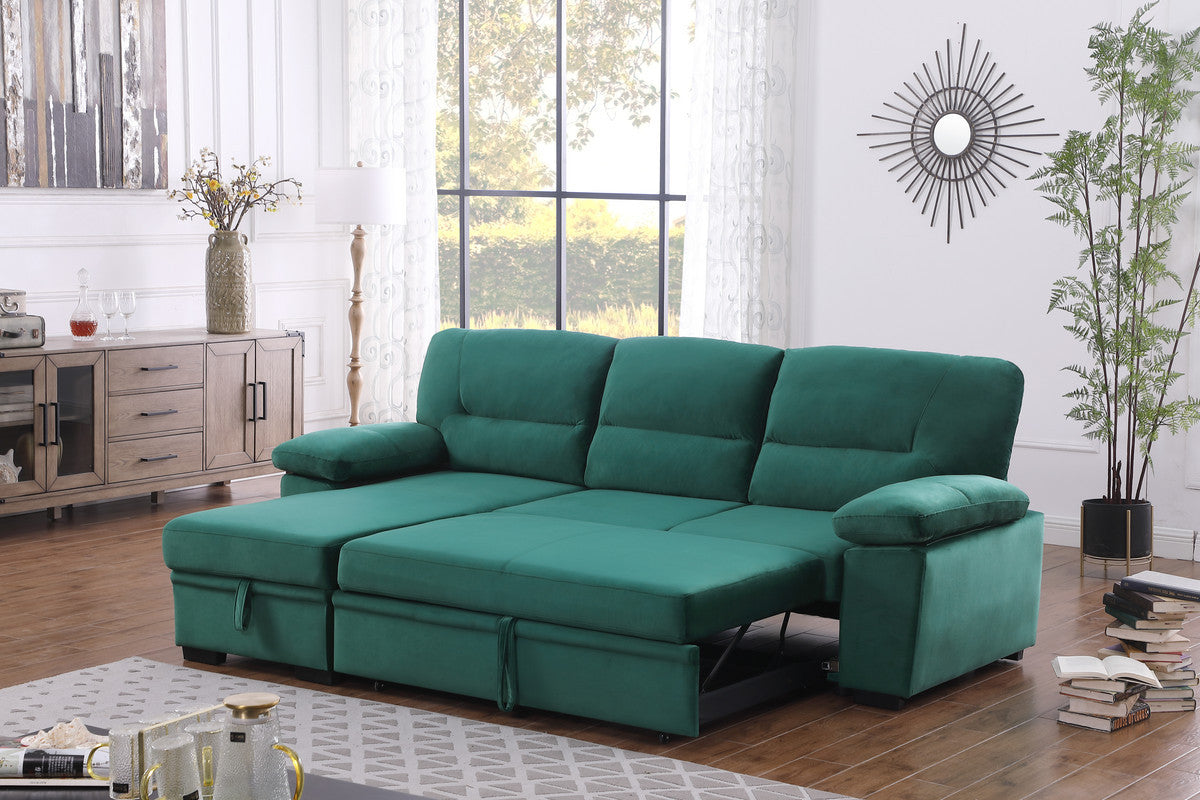 Kipling Green Velvet Fabric Reversible Sleeper Sectional Sofa Chaise