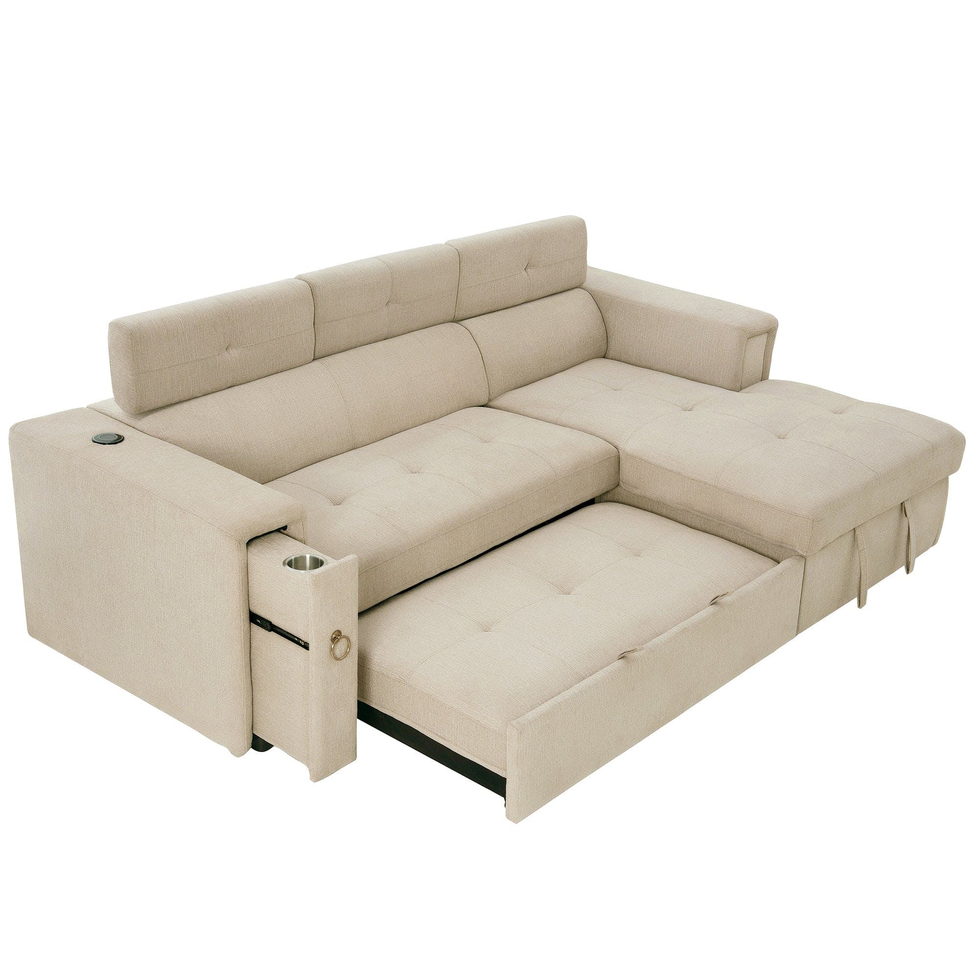 96" Multi-Functional Pull-Out Sofa Bed L-Shape Sectional Sofa with Adjustable Headrest, Wireless Charging, Cup Holders and Hidden Storage for Living Room, Bedroom, Office, Beige