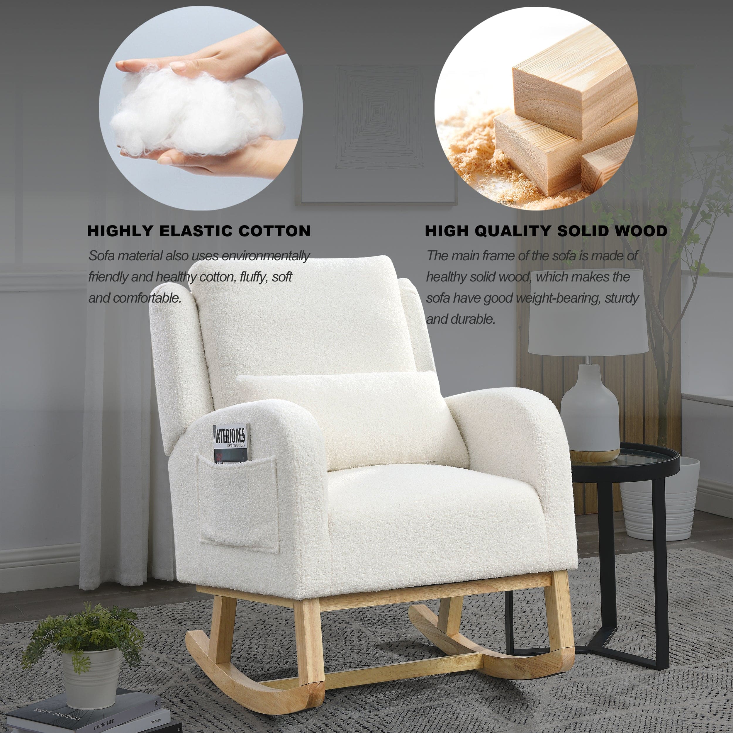 [Video] Welike 27.5 "W Modern Accent High Back Living Room Casual Armchair Rocker with One Lumbar Pillow, Two Side Pockets,Teddy White (Ivory)