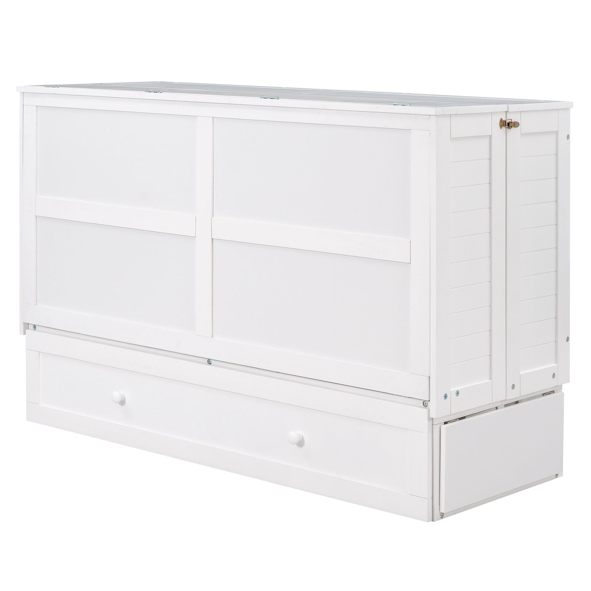 Queen Size Mobile Murphy Bed with Drawer and Little Shelves on Each Side,White