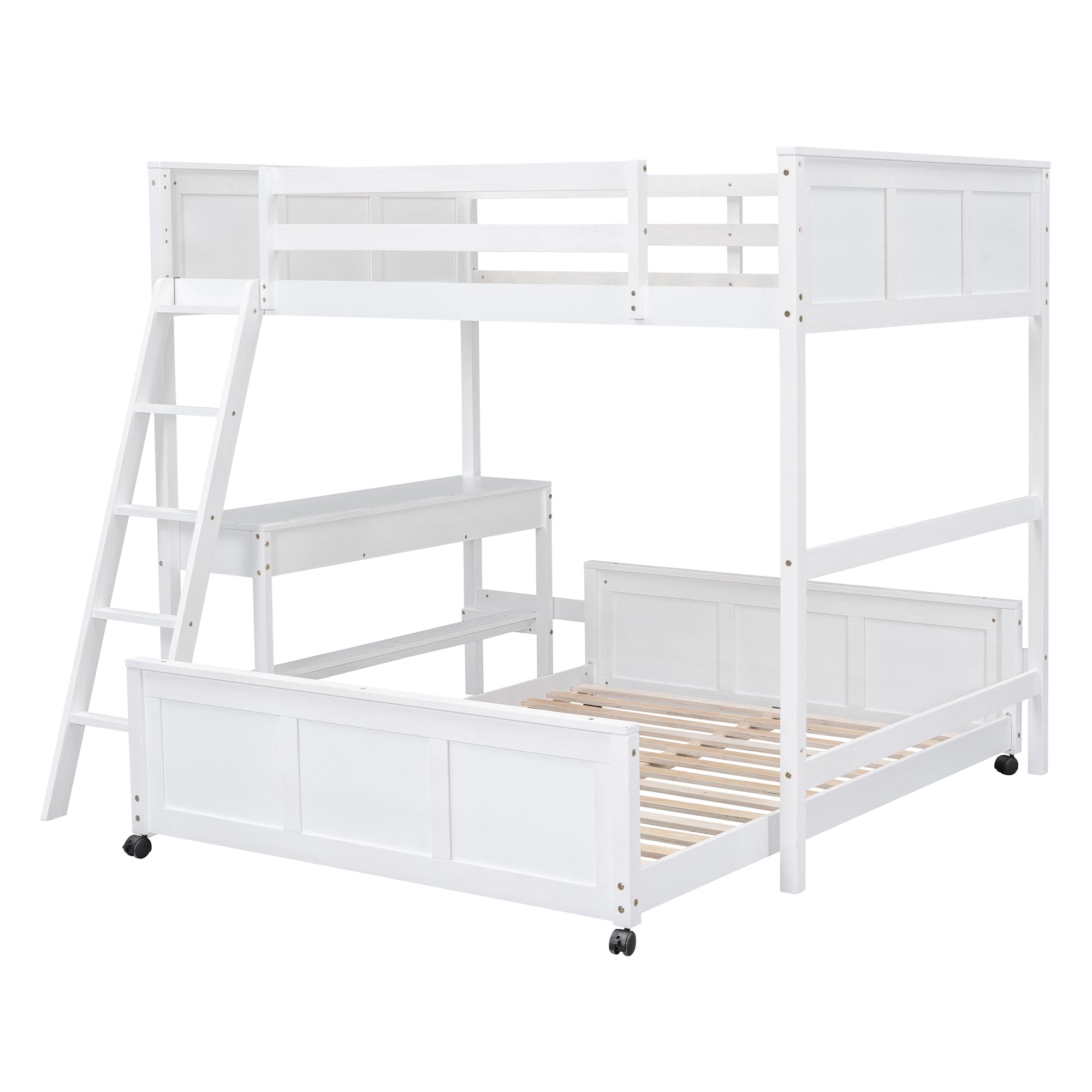 Full Over Full Bunk Bed with Desk, White