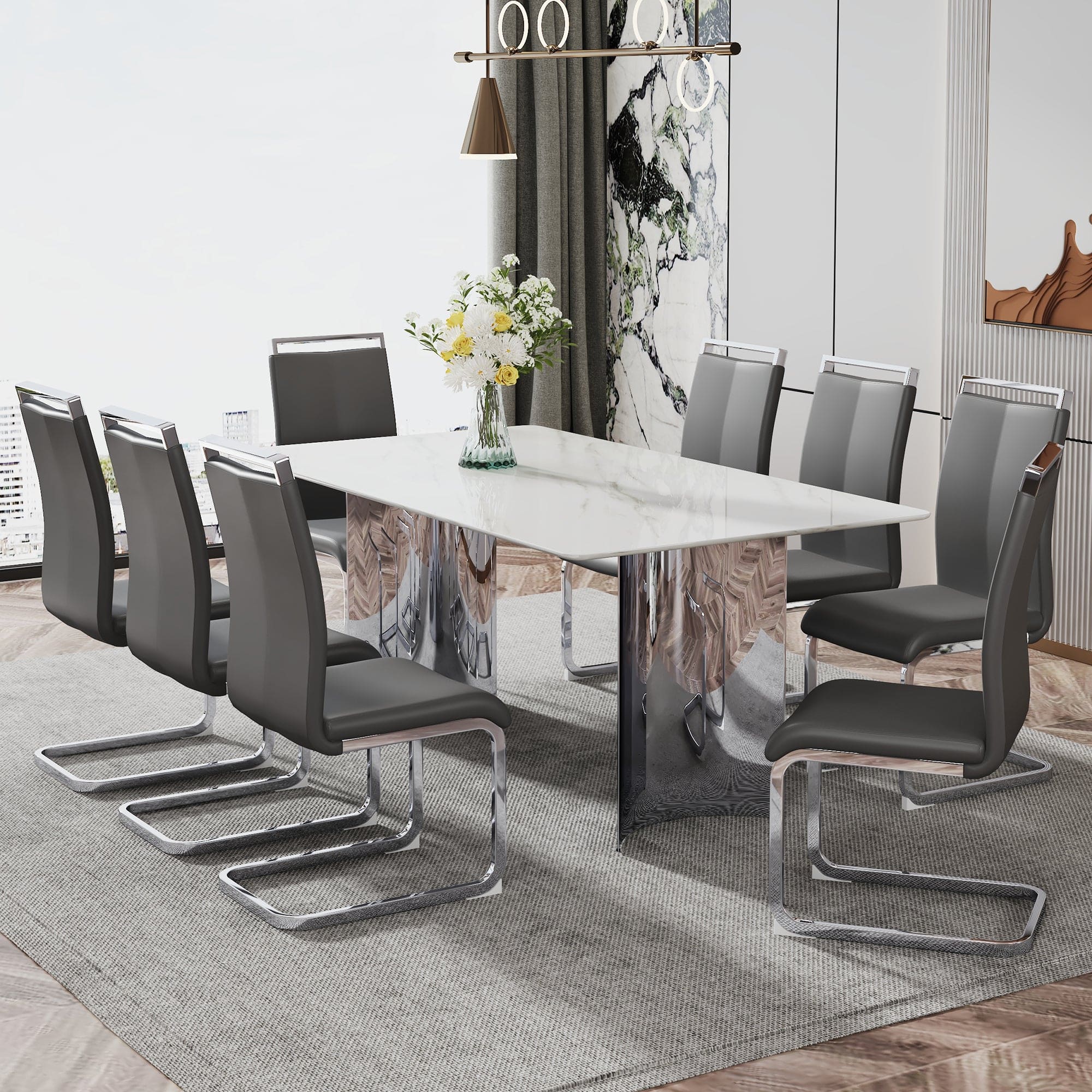 Modern minimalist dining table. The white imitation marble glass desktop is equipped with silver metal legs. Suitable for restaurants and living rooms  71" *39.3" *29.5"  DT-69