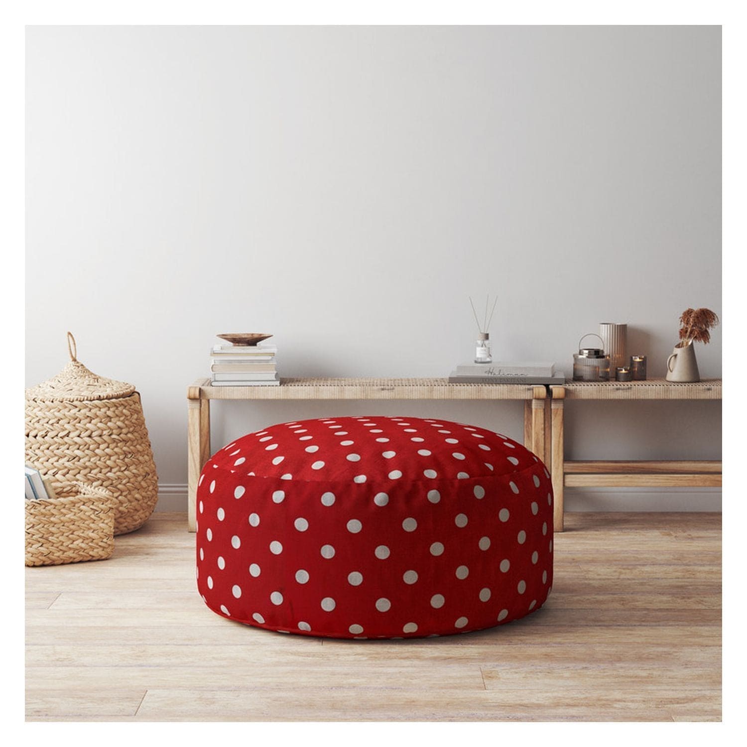 Indoor RETRO POLKA Bright Red/White Round Zipper Pouf - Stuffed - Extra Beads Included! - 24in dia x 20in tall