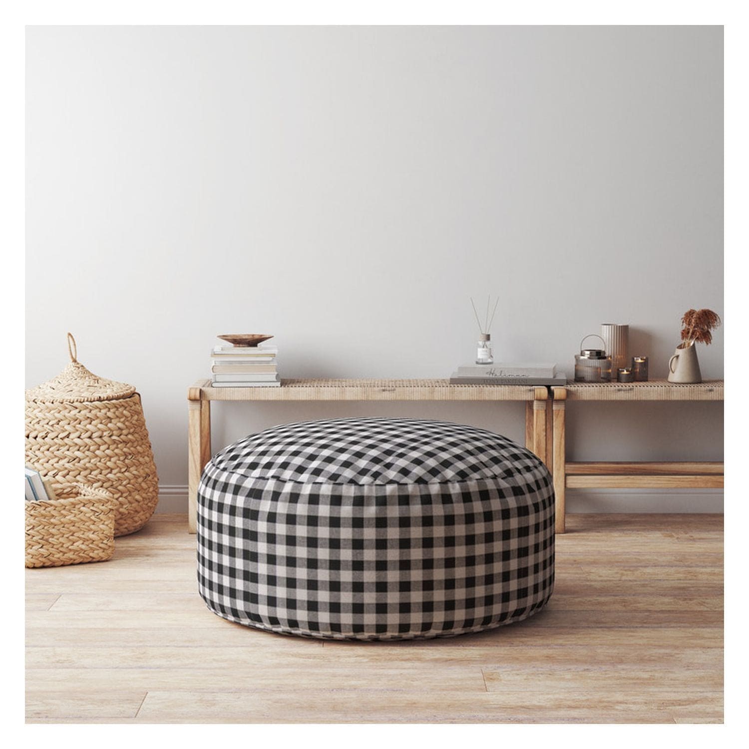 Indoor PLAIDO Black Round Zipper Pouf - Stuffed - Extra Beads Included! - 24in dia x 20in tall