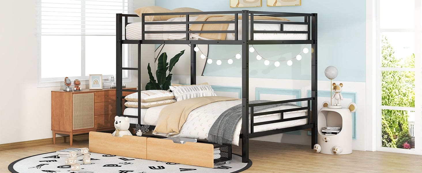 Metal Full Size Convertible Bunk Bed with 2 Drawers, Black