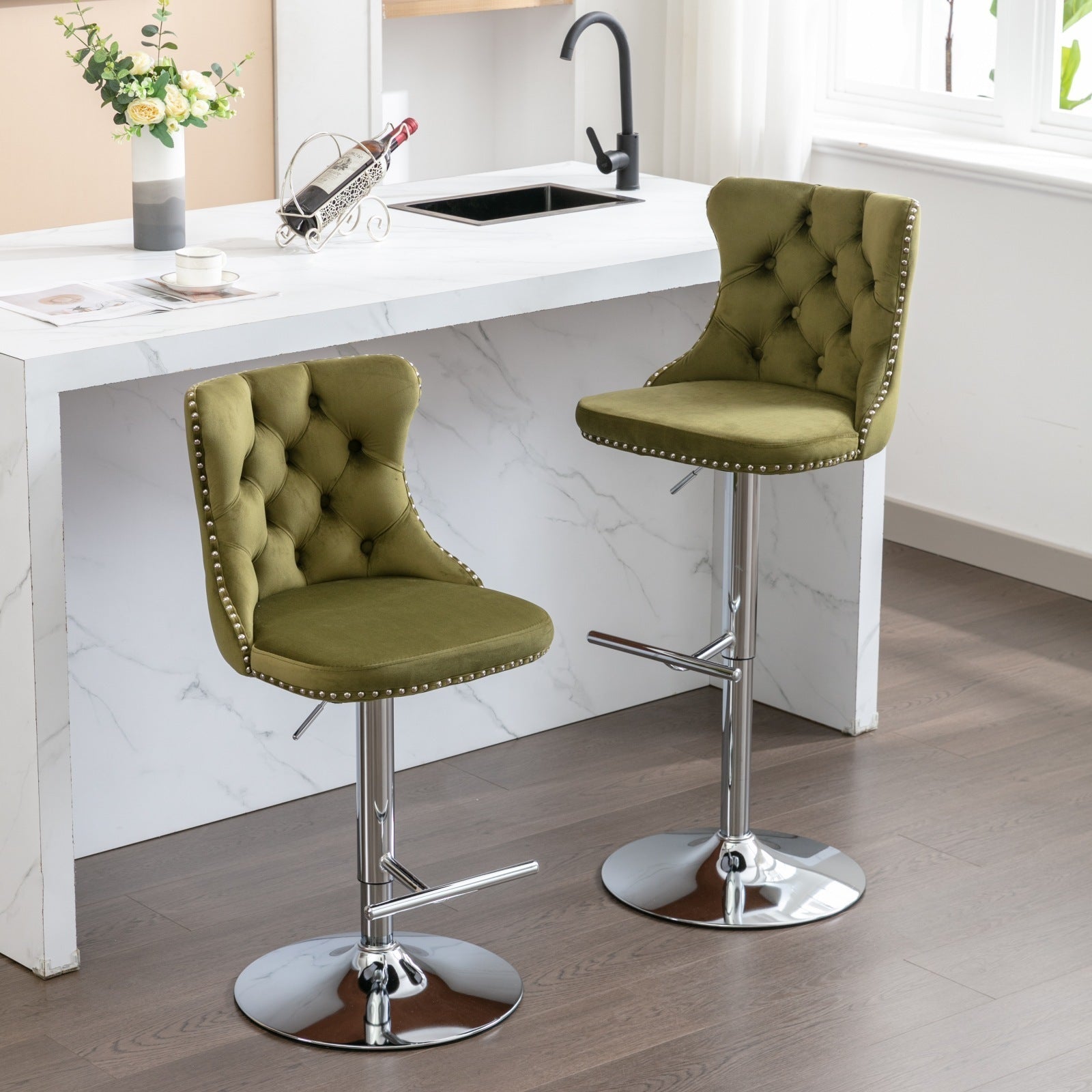 Swivel Velvet Barstools Olive-Green,Set of 2