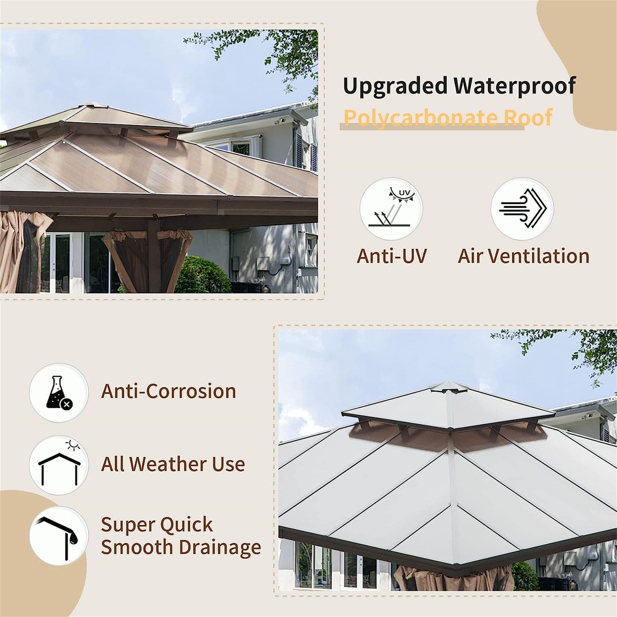 12'x12' Hardtop Gazebo, Permanent Outdoor Gazebo with Polycarbonate Double Roof, Aluminum Gazebo Pavilion with Curtain and Net for Garden, Patio, Lawns, Deck, Backyard(Brown)