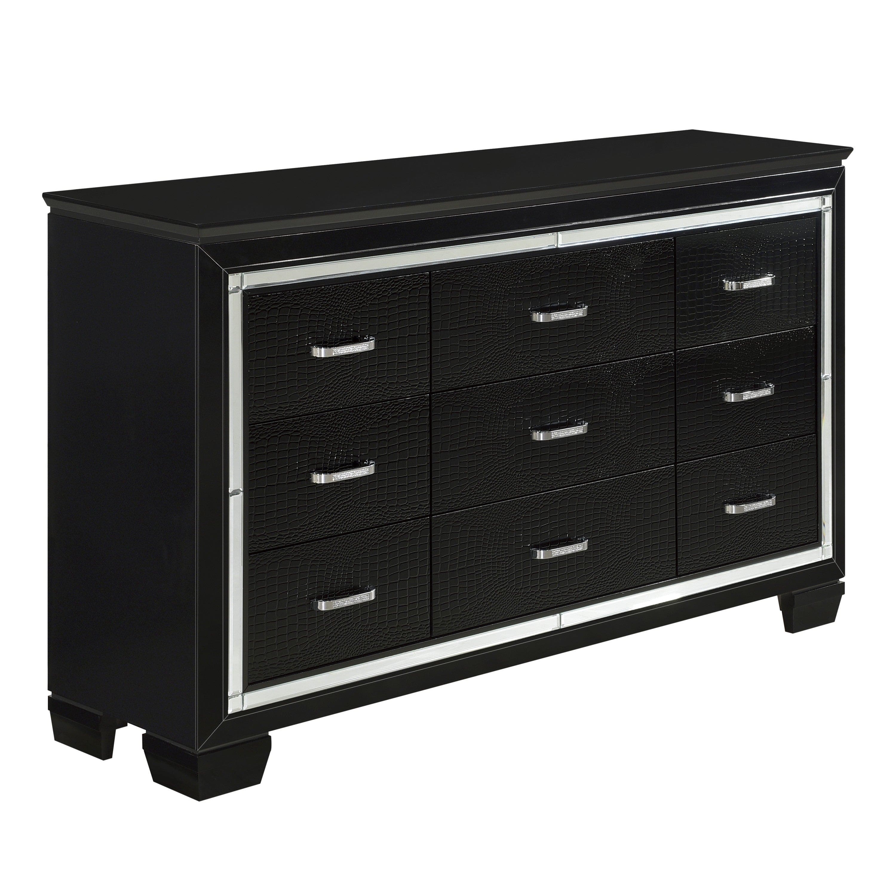 Black Finish Dresser Bold Desing 9 Drawers Glamorous Faux-Alligator Textured Fronts Wooden Bedroom Furniture