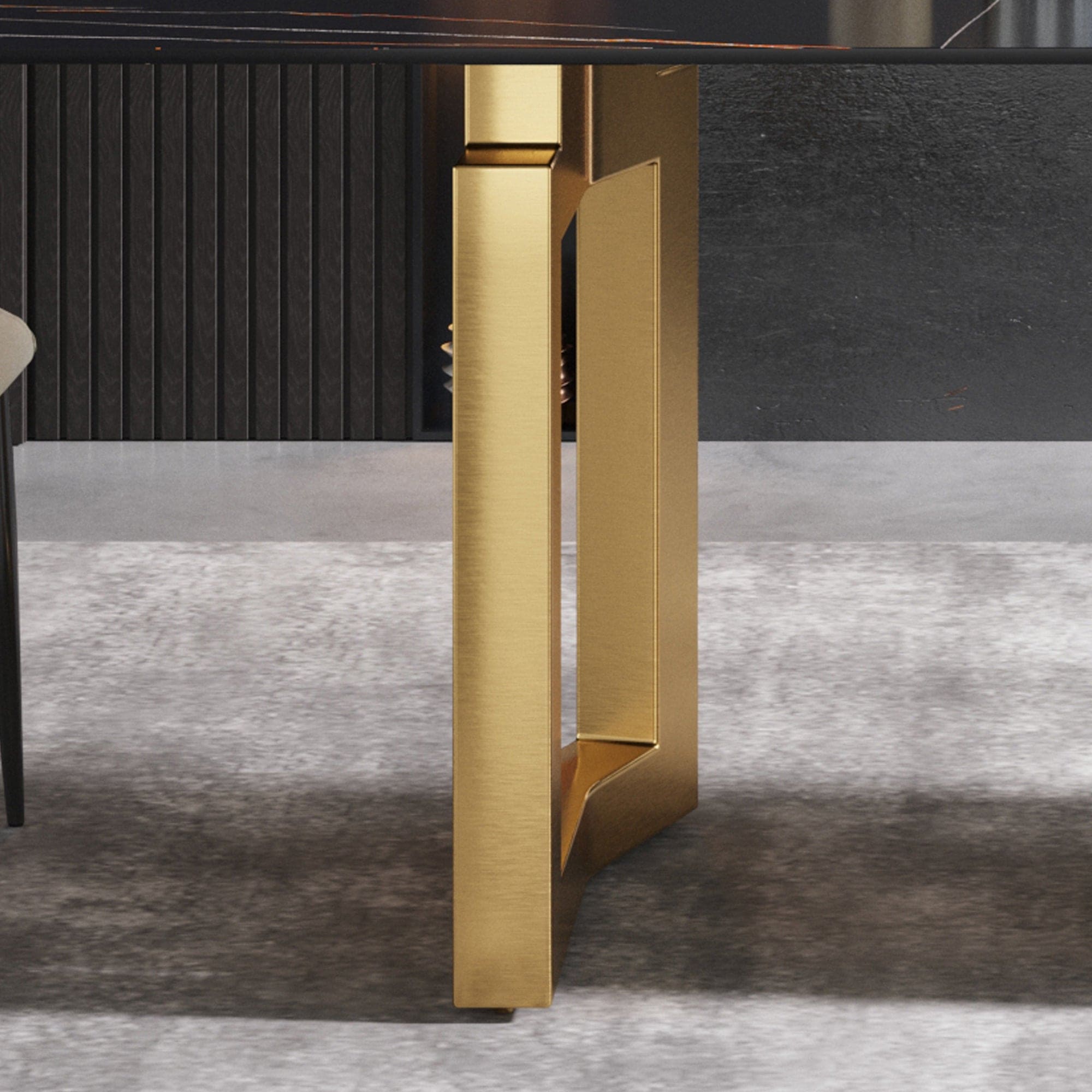 63"Modern artificial stone black straight edge golden metal leg dining table -6 people