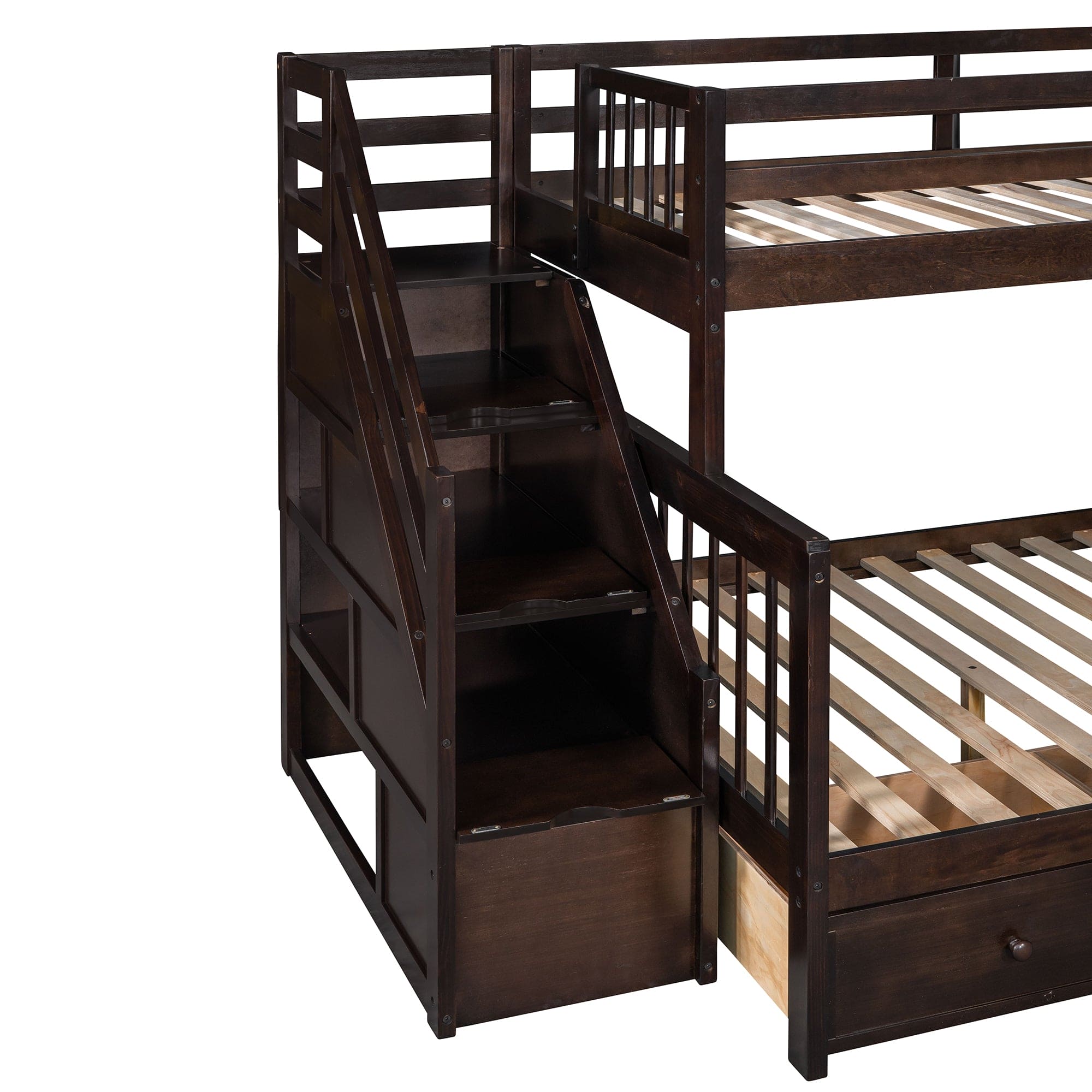 Twin over Full L-Shaped Bunk Bed With 3 Drawers, Ladder and Staircase - Espresso