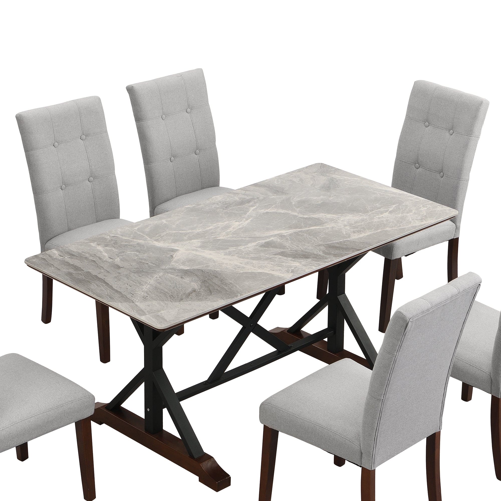 7-piece Modern Dining Table Set, Gray Sintered Stone Dining Table with 6 Tufted Upholstered Chairs, 63-inch Rectangle Dining Table for Dining Room