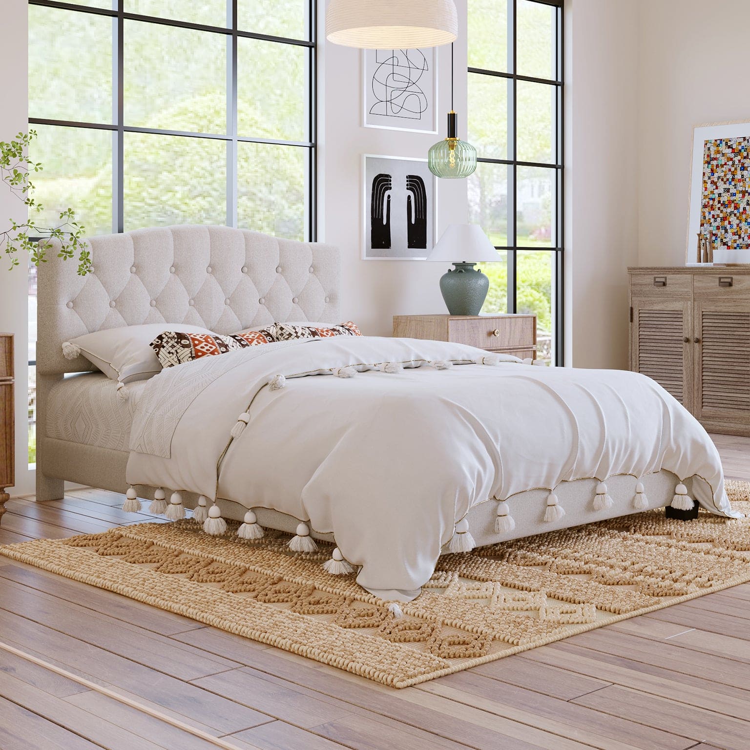 Upholstered Platform Bed with Saddle Curved Headboard and Diamond Tufted Details, Queen, Beige