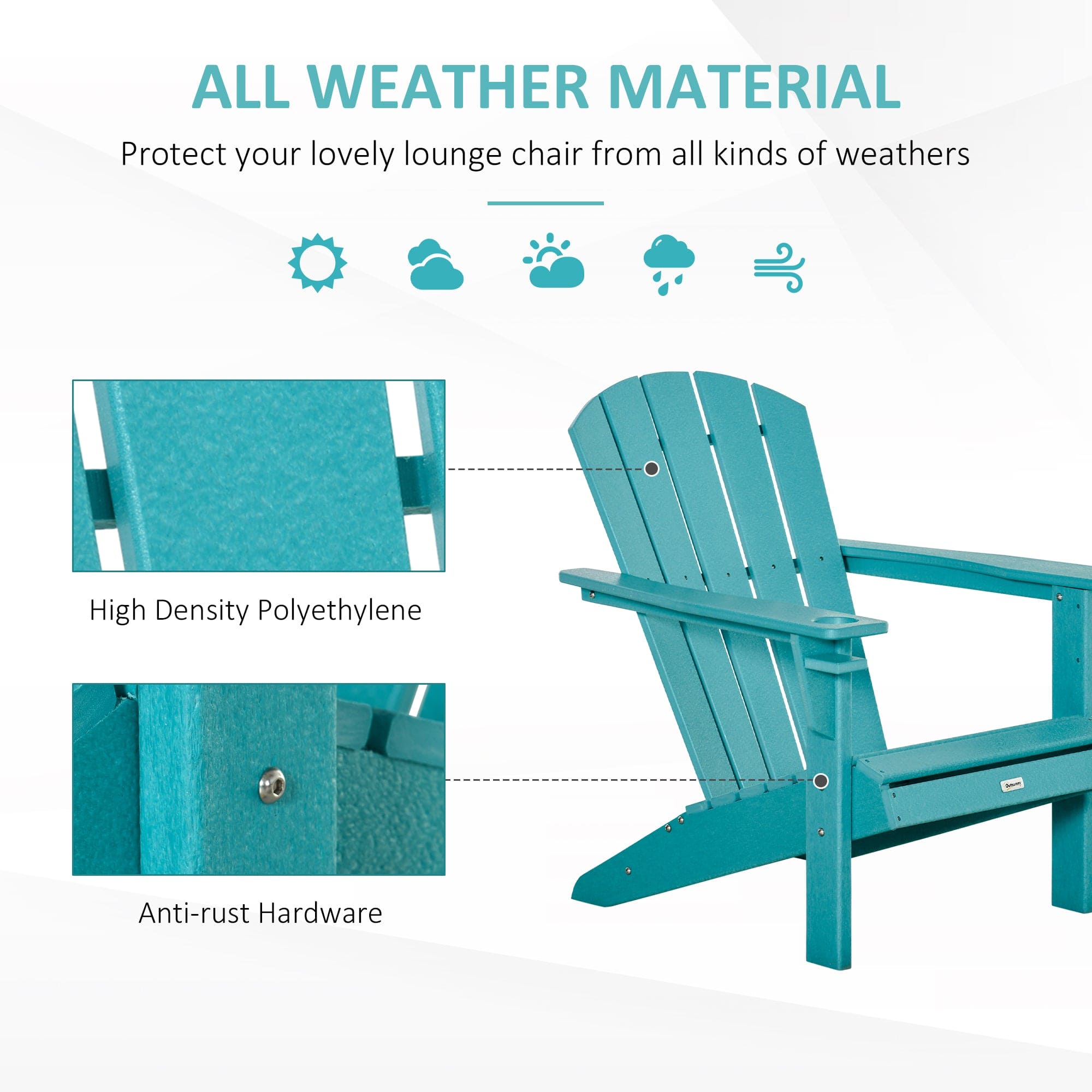 Outsunny HDPE All-Weather Outdoor Adirondack Chair with Cup Holder, Fire Pit Chair for Backyard, Deck, Lawn, Garden, 330lbs Capacity, Light Blue