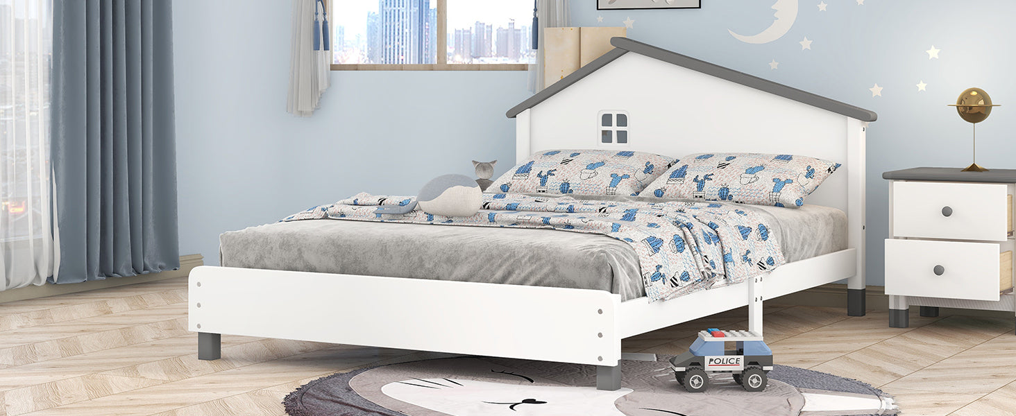 Full Size Wood Platform Bed with House-shaped Headboard  (White+Gray)