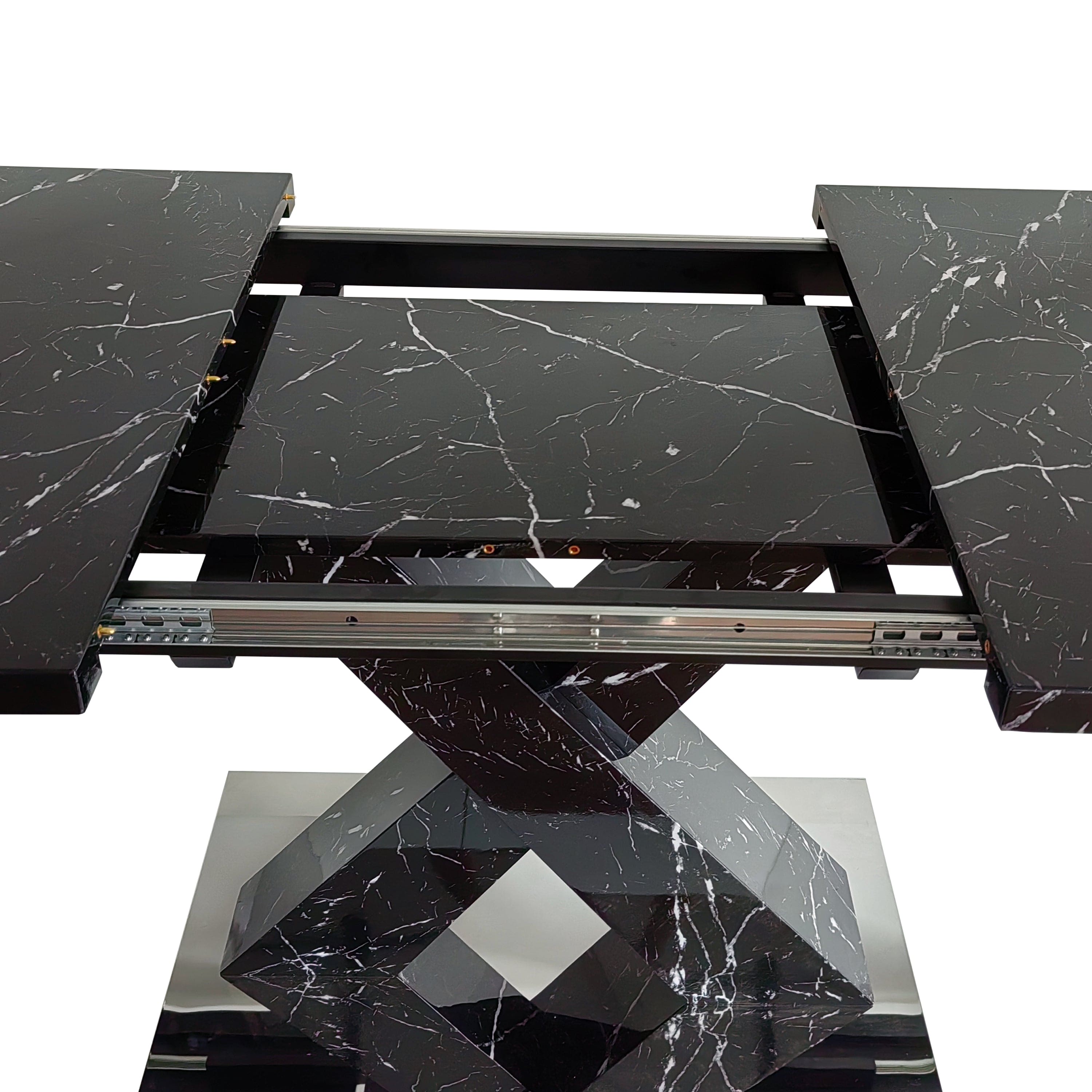 Modern Square Dining Table,Stretchable,Printed Black Marble Table Top+MDF X-Shape Table Leg with Metal Base