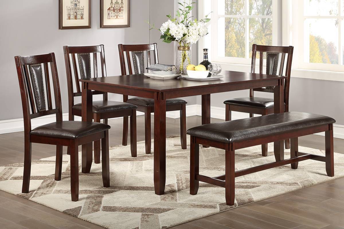 Dining Room Furniture Espresso Color 6pc Set Dining Table 4x Side Chairs and A Bench Solid wood Rubberwood and veneers