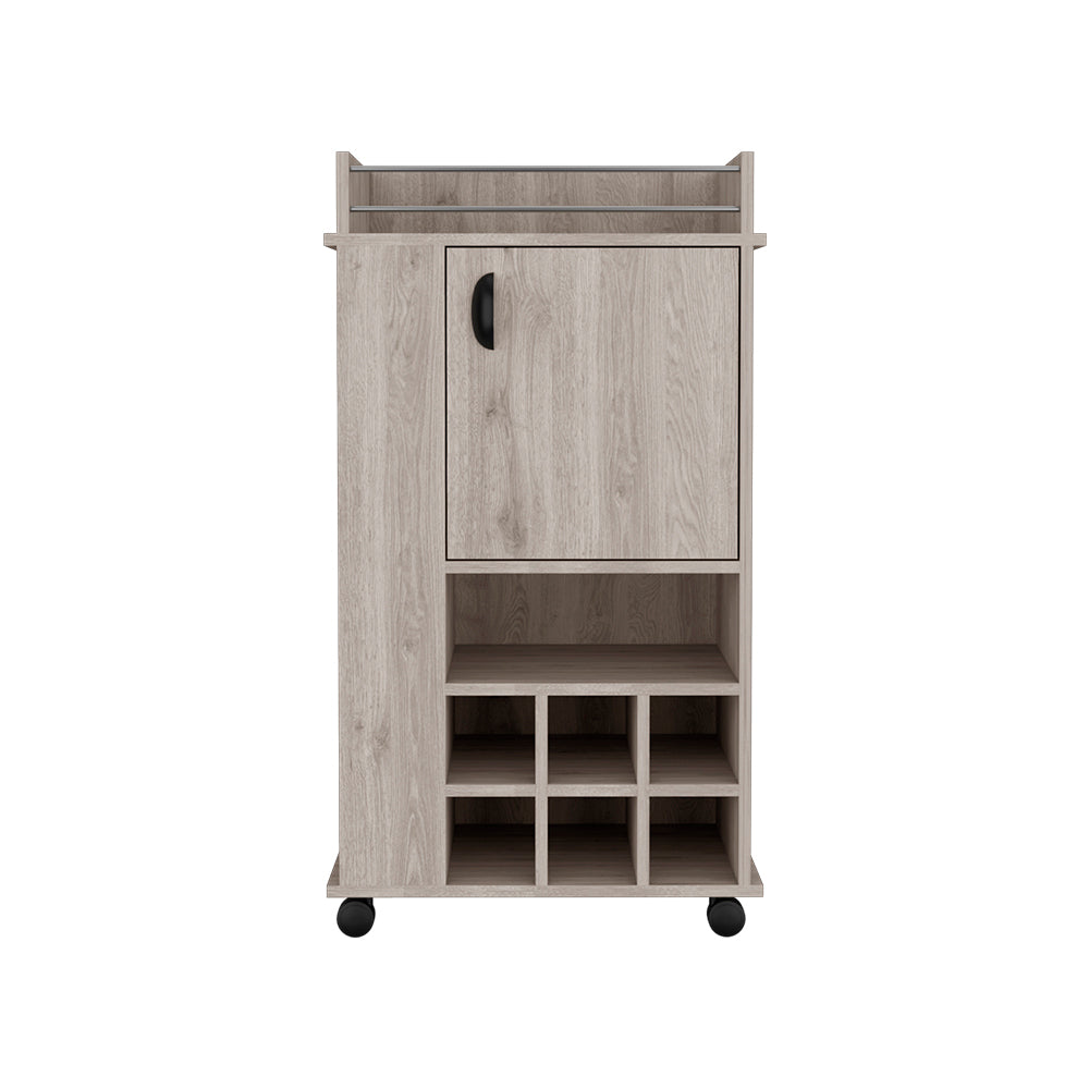 Bar Cart with Casters Reese, Six Wine Cubbies and Single Door, Light Gray Finish