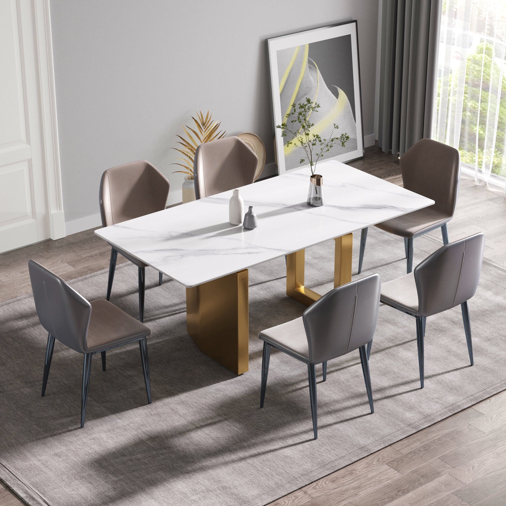 70.87" modern artificial stone white straight edge golden metal leg dining table-can accommodate 6-8 people